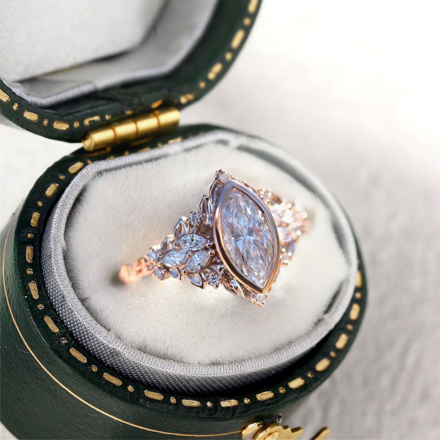 Briar Rose Starlight Bezel Marquise Moissanite 14k rose gold Statement Ring