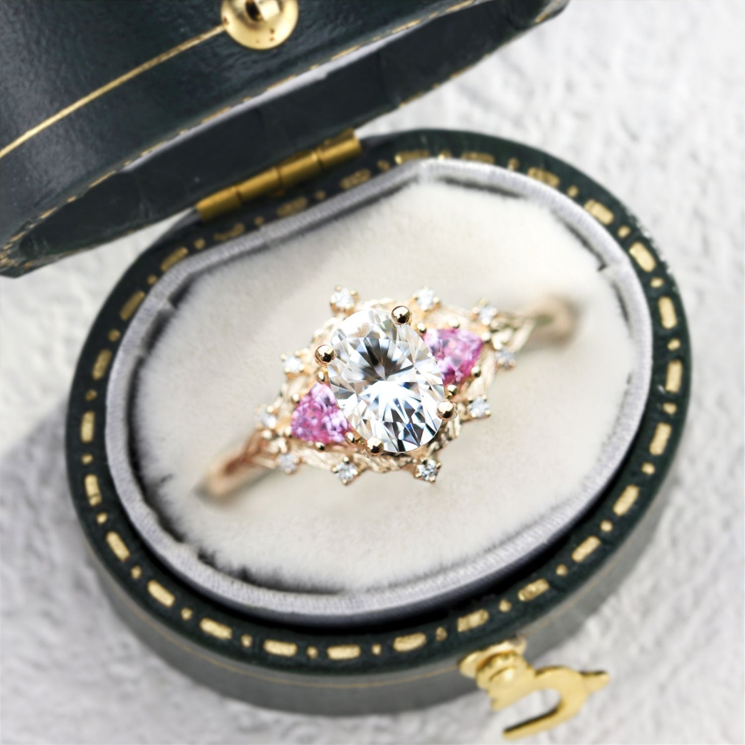 Woodland Three Stone Moissanite Pink Sapphire 14k yellow gold Engagement Ring