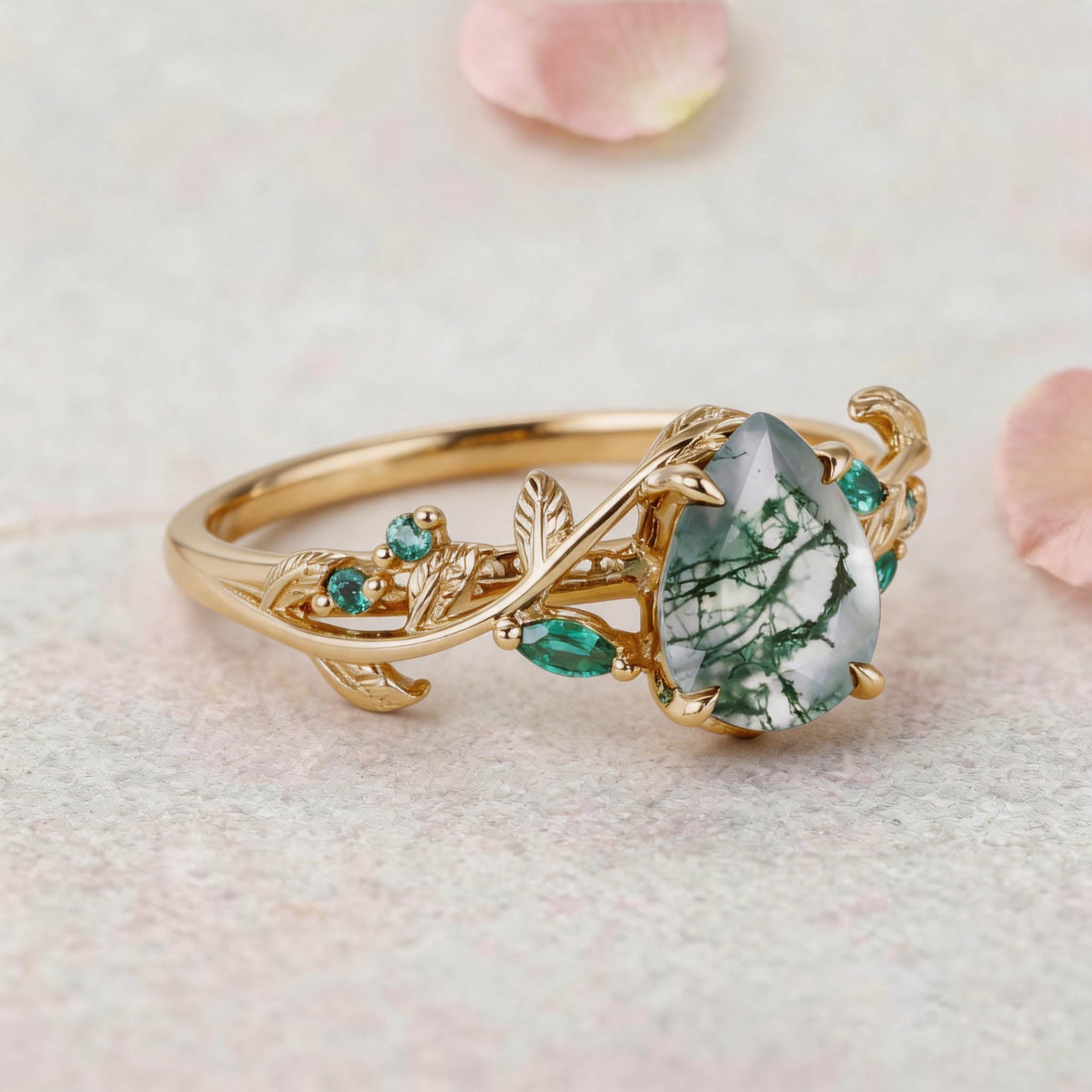 Vintage Nature-Inspired Pear Cut Moss Agate and Emerald 14K Yellow Gold Engagement Ring