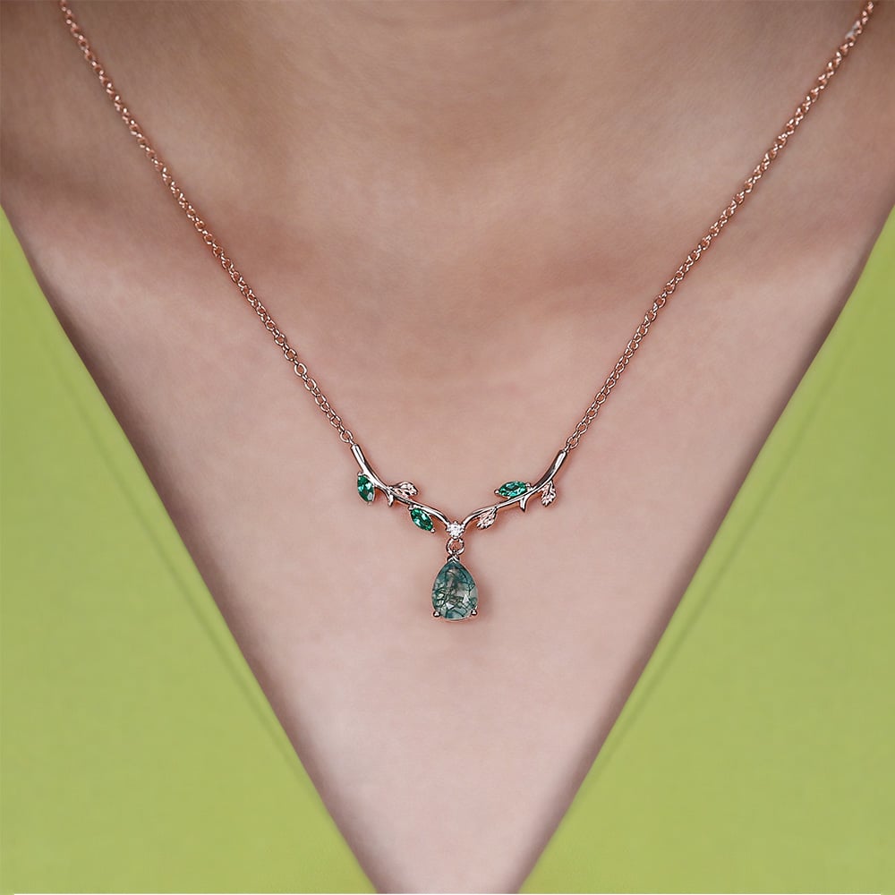 Vintage Pear Cut Moss Agate Botanical Bar Necklace - Oore Jewelry