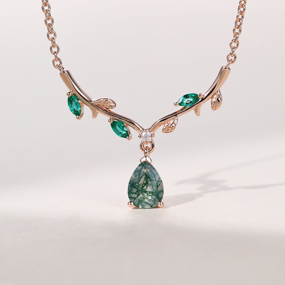 Vintage Pear Cut Moss Agate Botanical Bar Necklace - Oore Jewelry