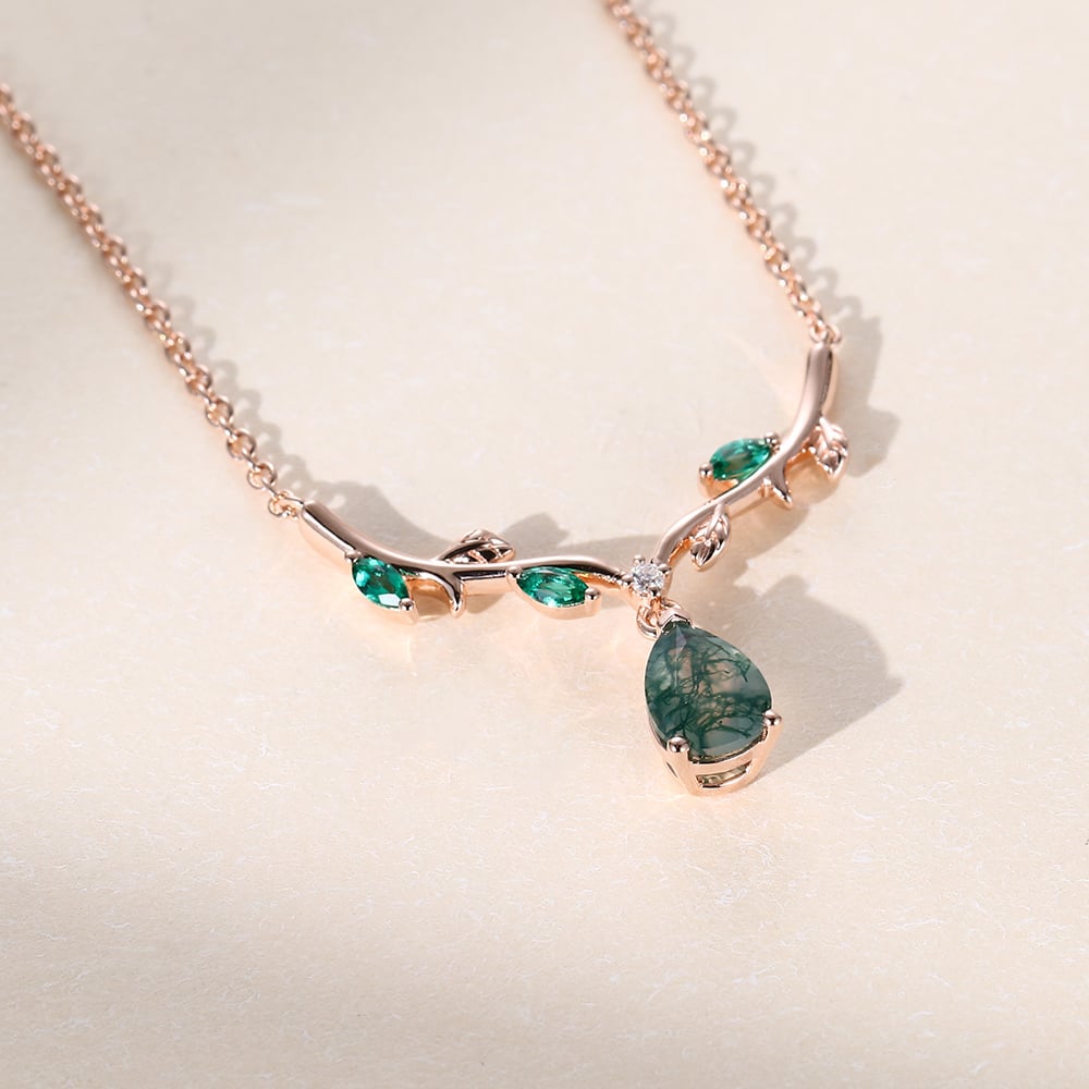 Vintage Pear Cut Moss Agate Botanical Bar Necklace - Oore Jewelry