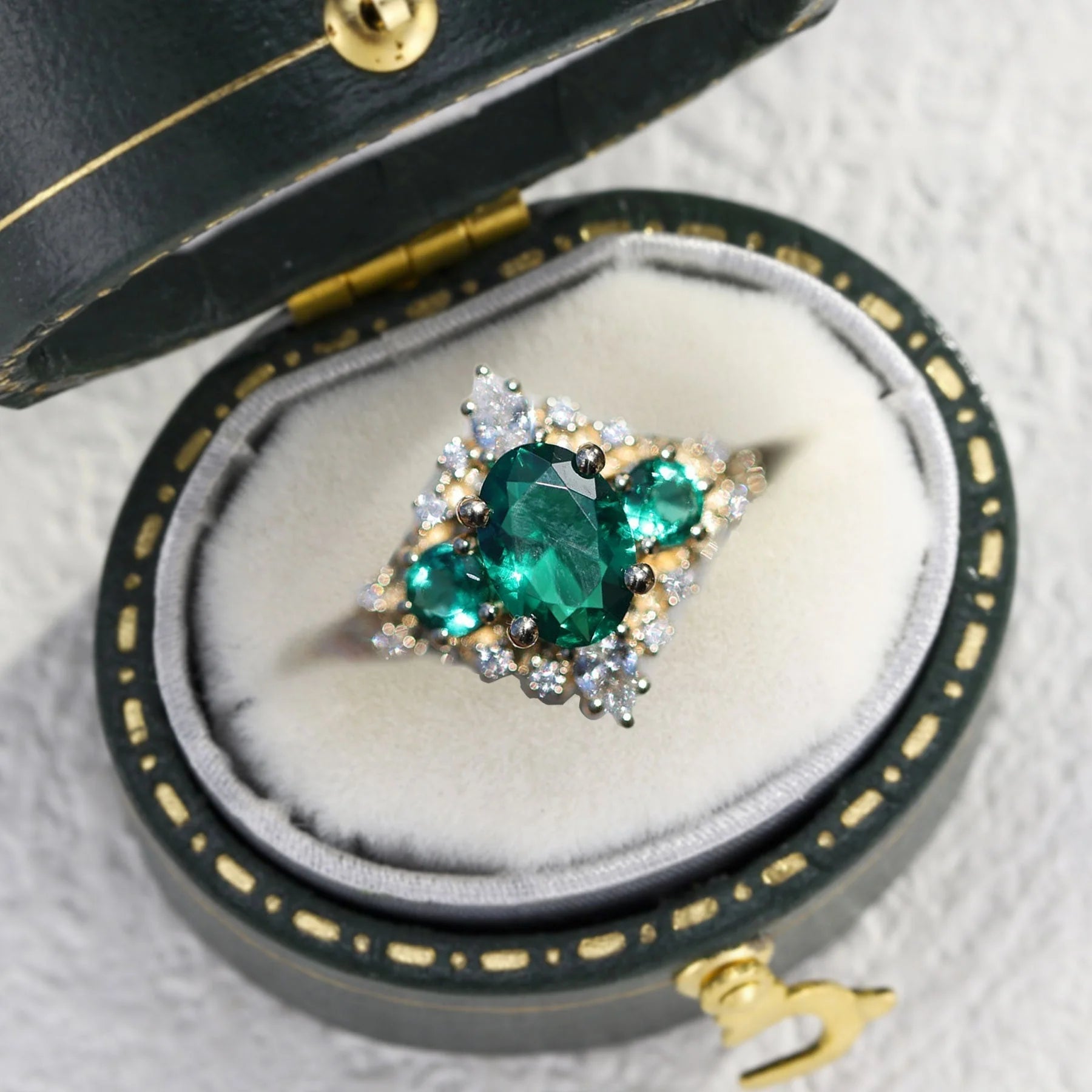 Unique Enchanted Three Stone Oval Lab Emerald Ring - Oore Jewelry