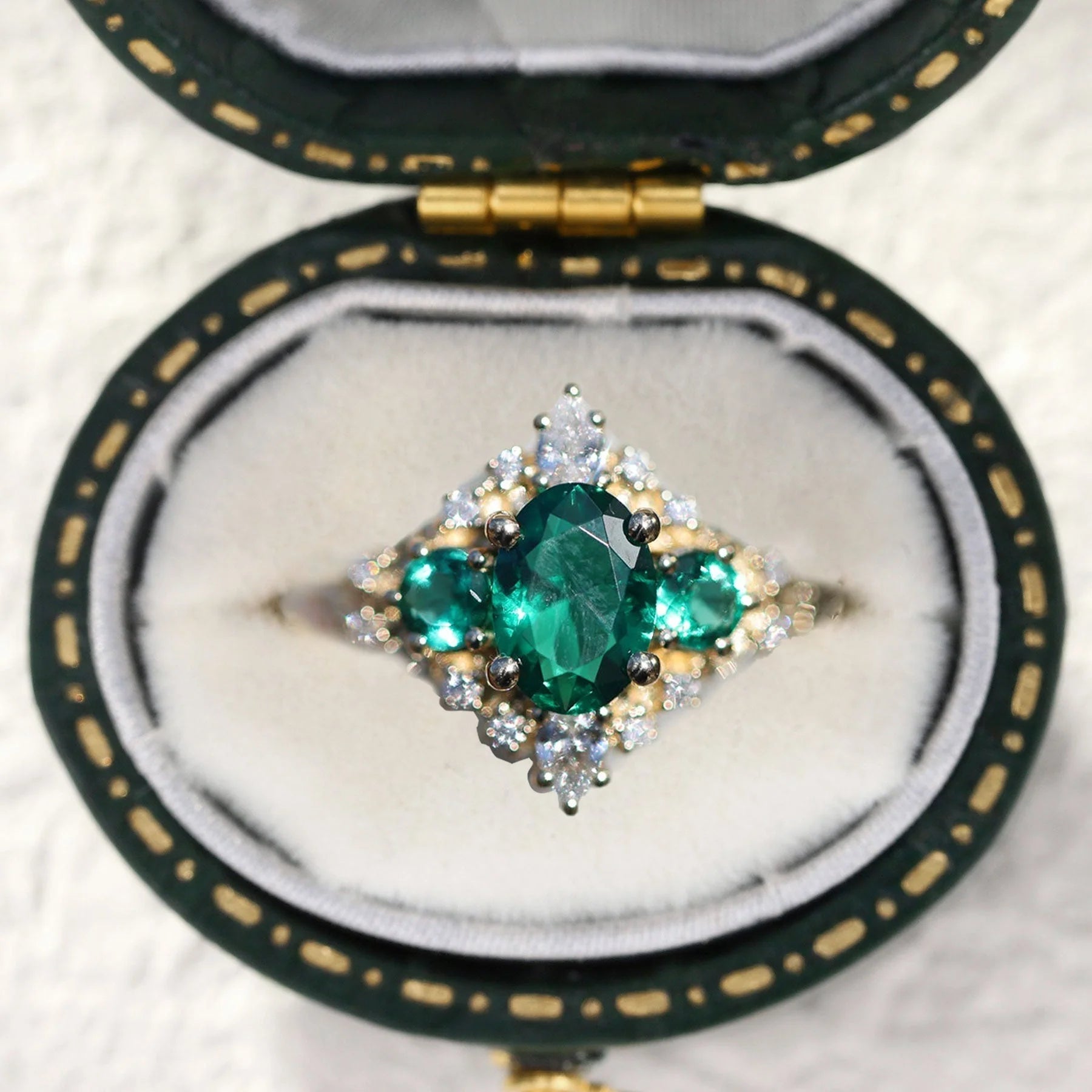 Unique Enchanted Three Stone Oval Lab Emerald Ring - Oore Jewelry