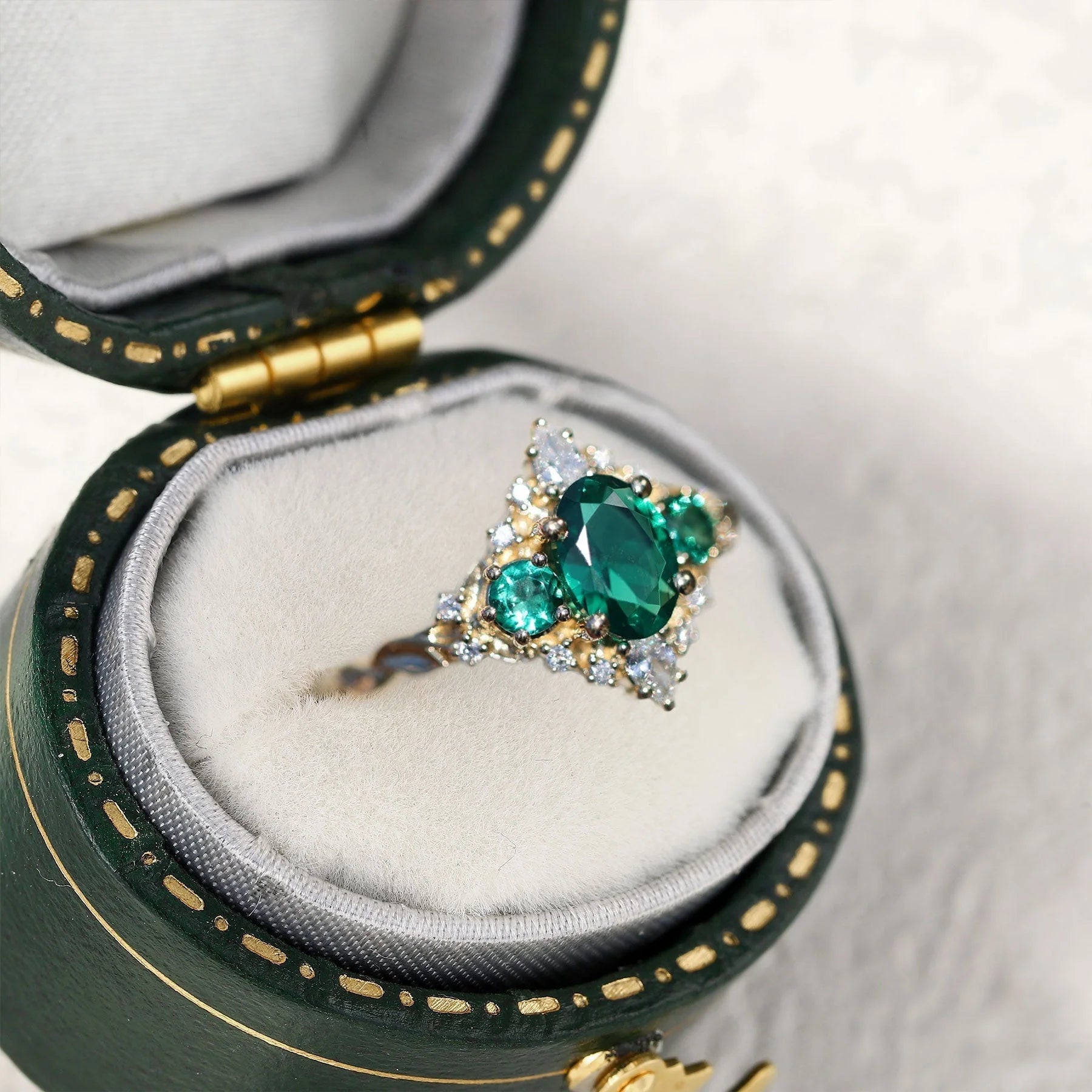 Unique Enchanted Three Stone Oval Lab Emerald Ring - Oore Jewelry