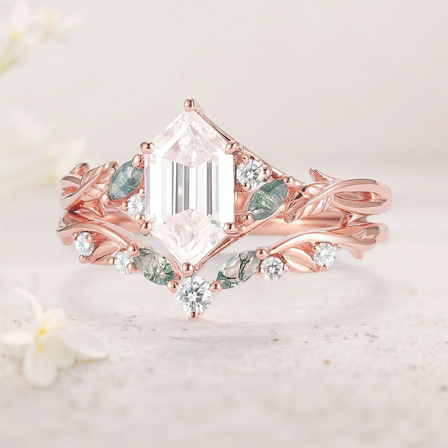 Unique engagement rings Hexagon Cut Moissanite Vine Gemstone Ring Set - Oore Jewelry