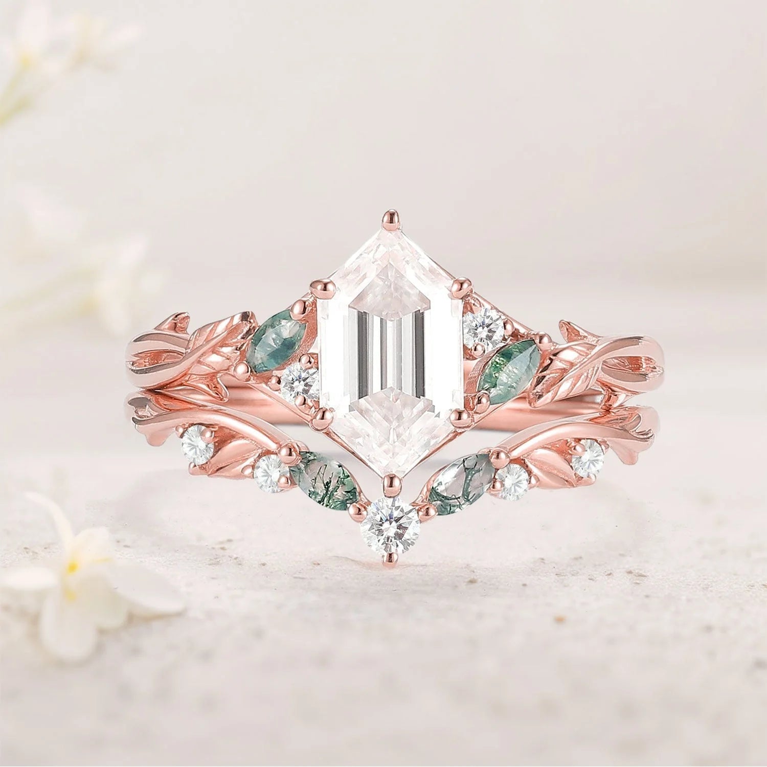 Unique engagement rings Hexagon Cut Moissanite Vine Gemstone Ring Set - Oore Jewelry