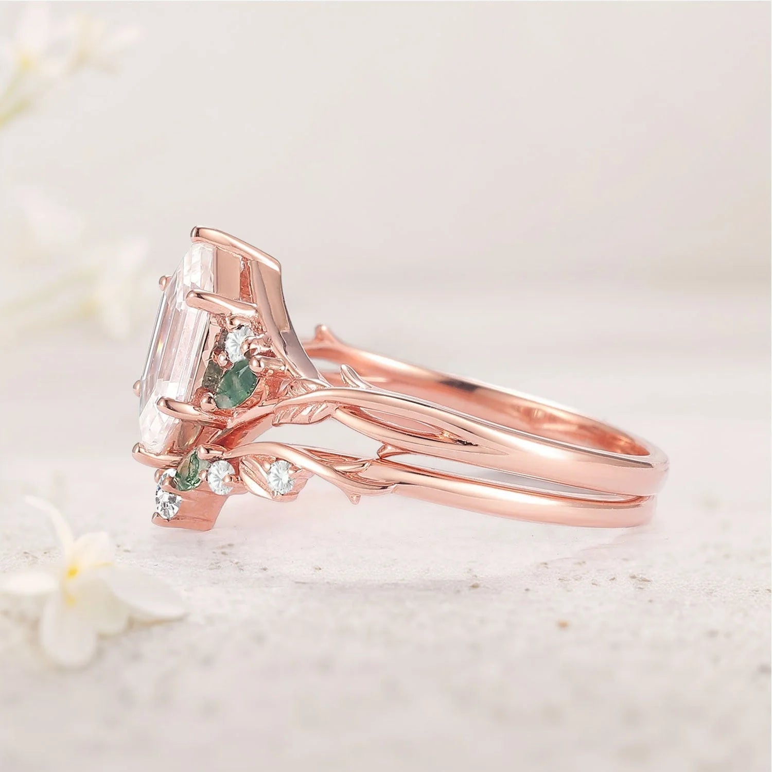 Unique engagement rings Hexagon Cut Moissanite Vine Gemstone Ring Set - Oore Jewelry
