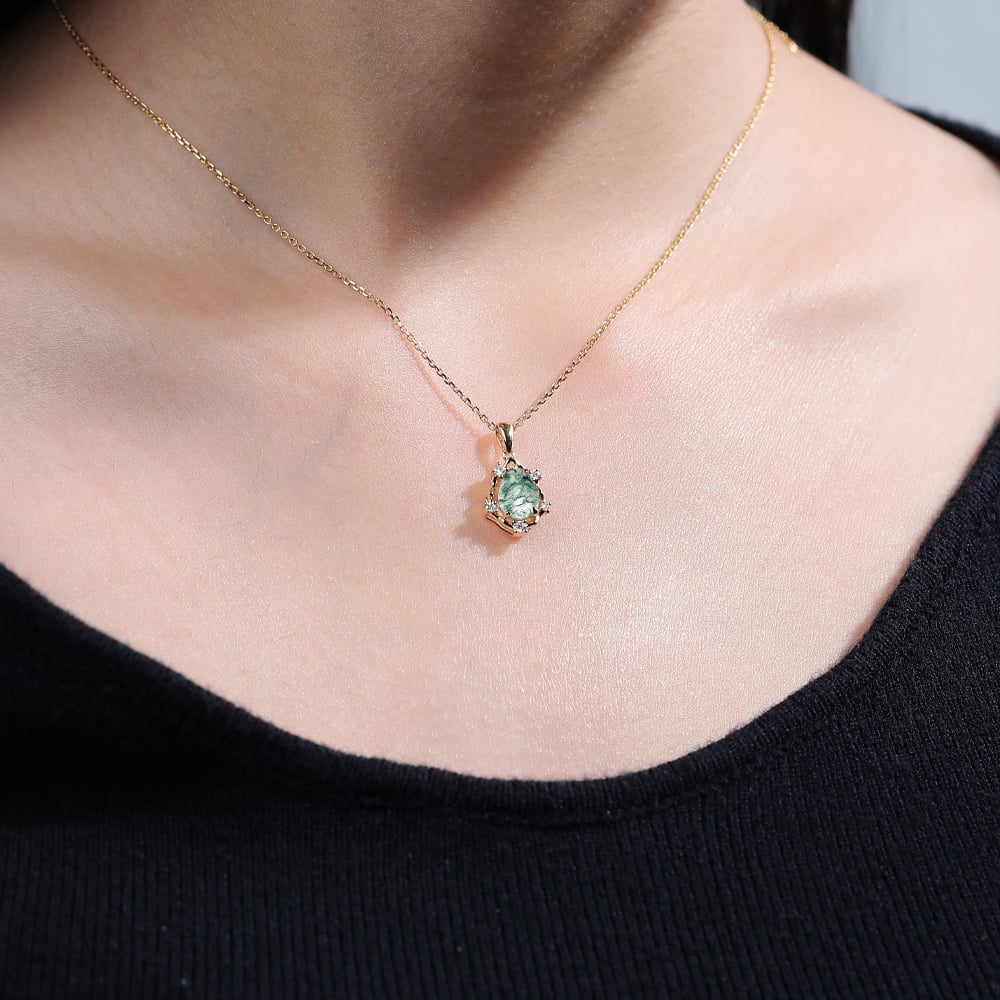 Vintage Pear Cut Moss Agate Organic Halo Pendant Necklace - Oore Jewelry