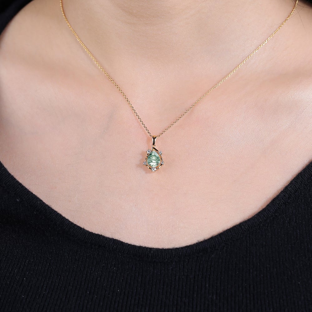 Vintage Pear Cut Moss Agate Organic Halo Pendant Necklace - Oore Jewelry