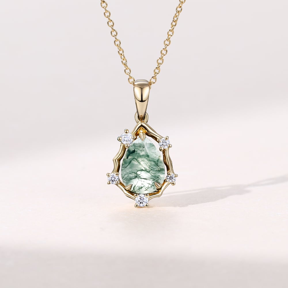 Vintage Pear Cut Moss Agate Organic Halo Pendant Necklace - Oore Jewelry