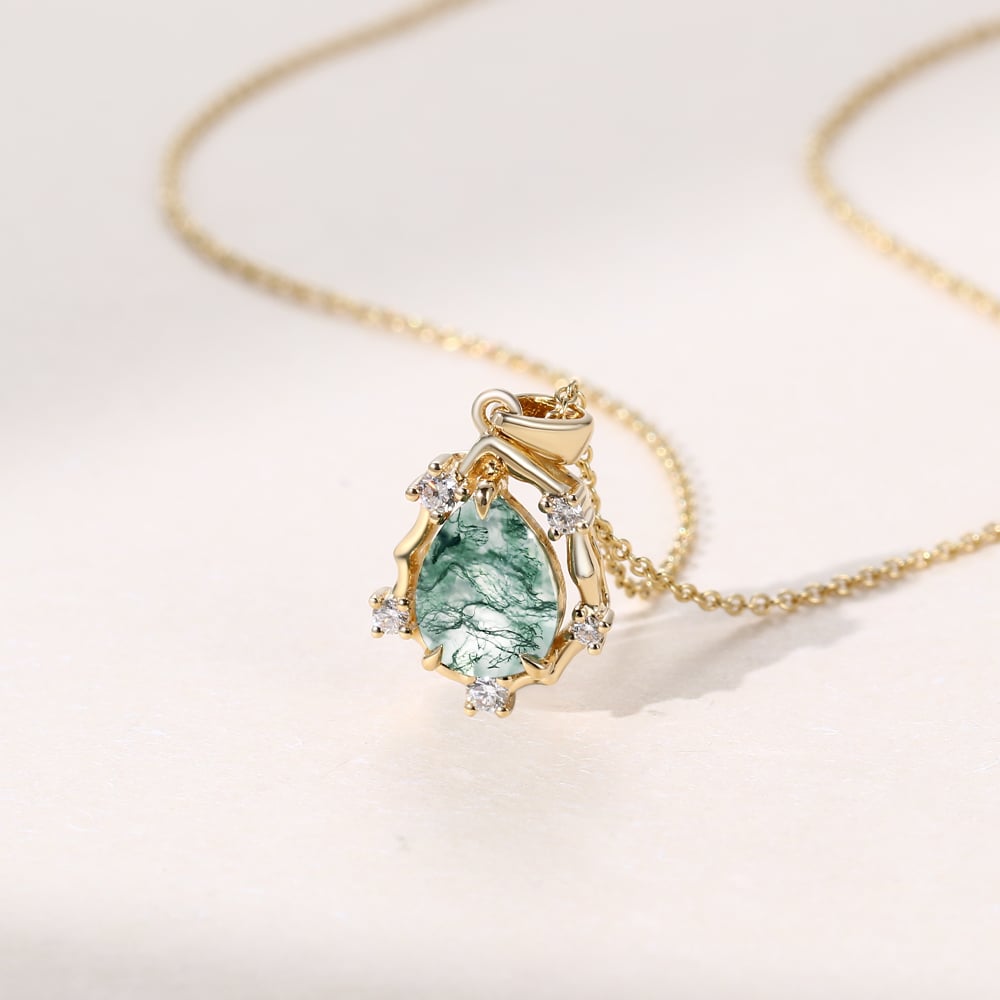 Vintage Pear Cut Moss Agate Organic Halo Pendant Necklace - Oore Jewelry