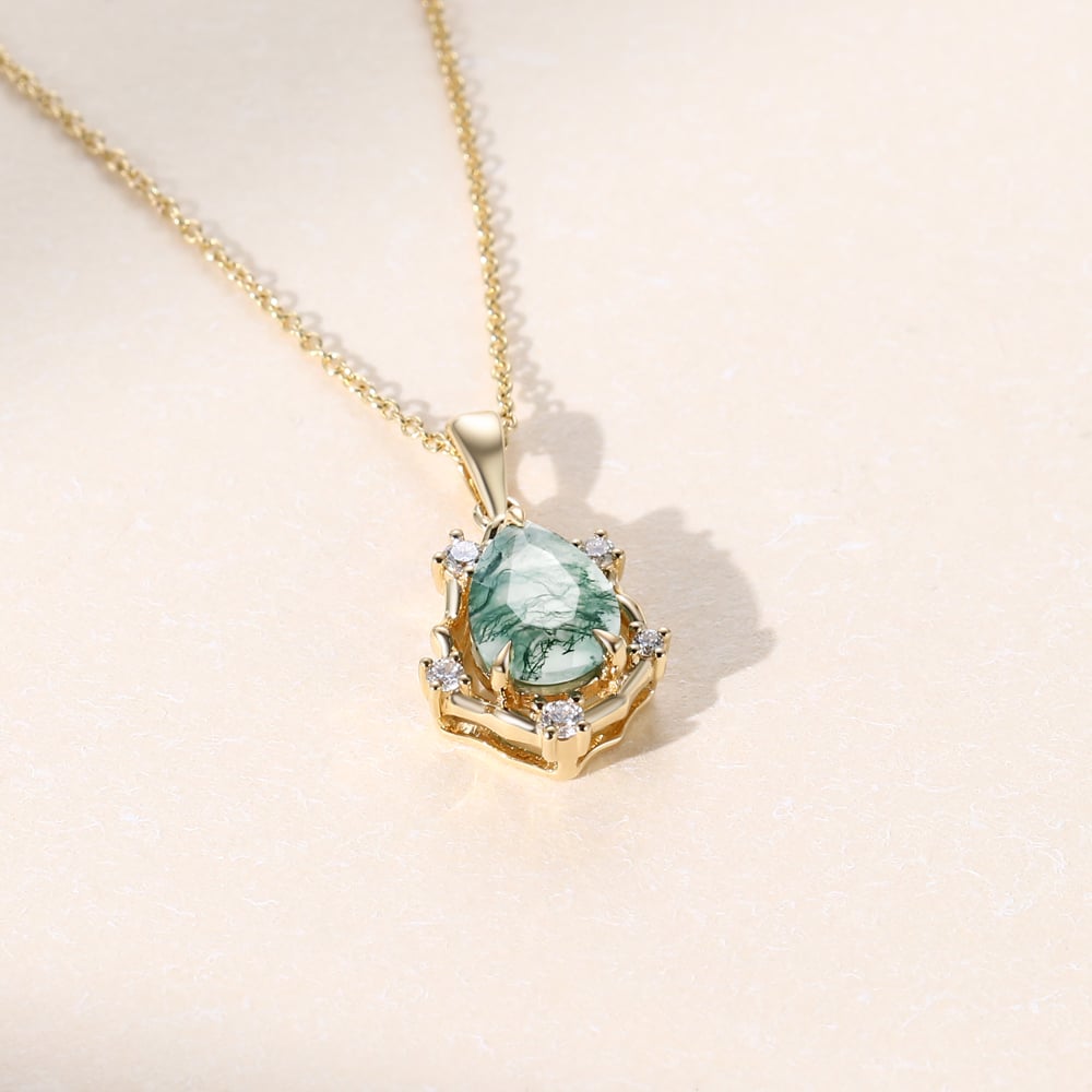 Vintage Pear Cut Moss Agate Organic Halo Pendant Necklace - Oore Jewelry