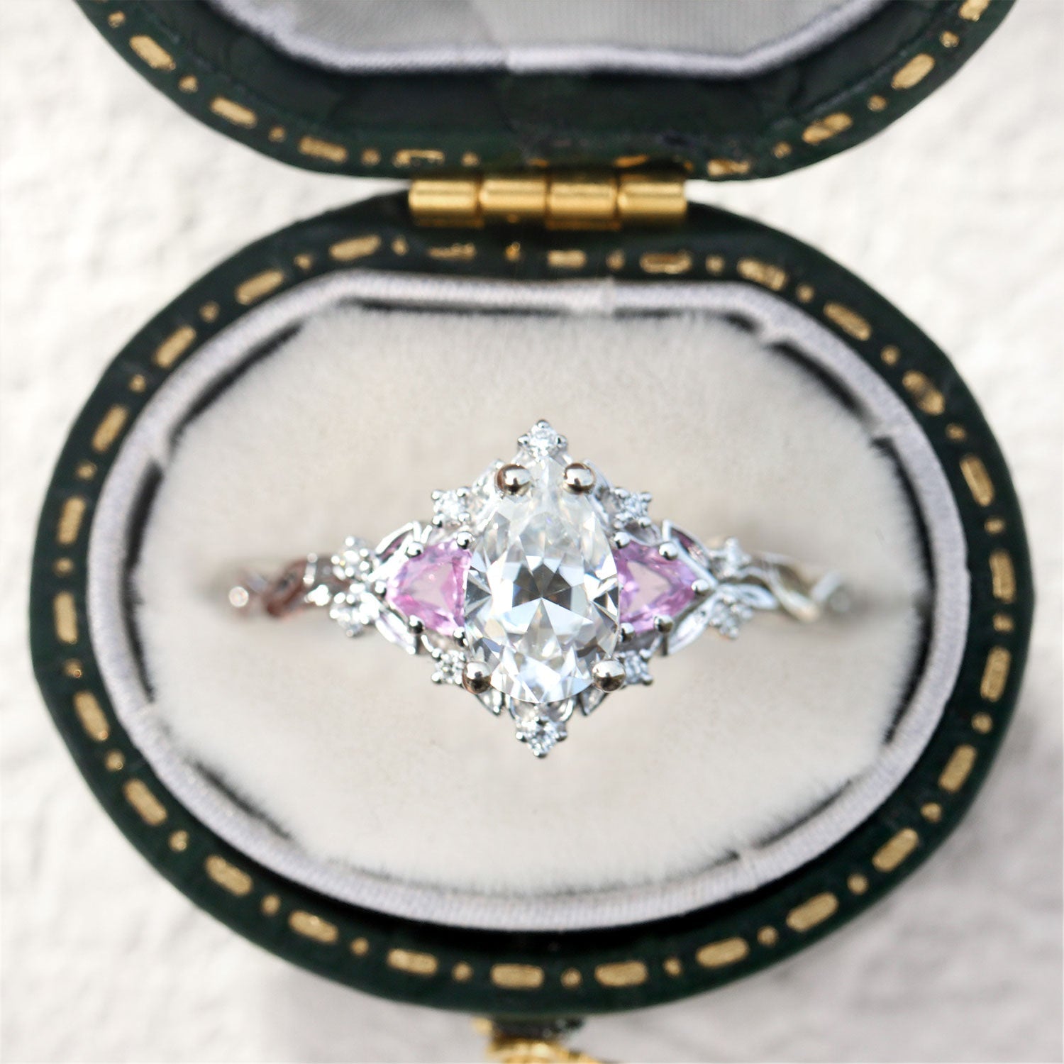Unique Vintage Pear Moissanite 14k white gold Engagement Ring with Pink Sapphire