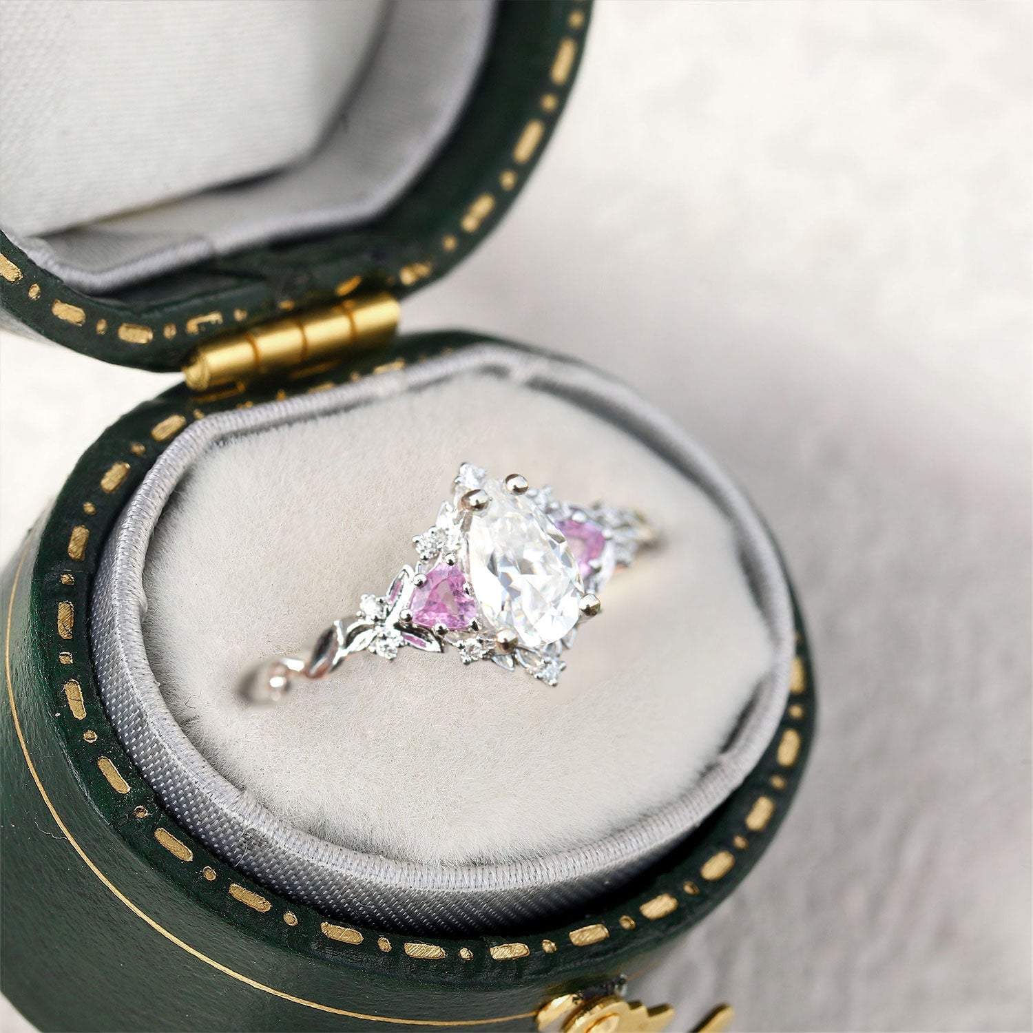 Unique Vintage Pear Moissanite 14k white gold Engagement Ring with Pink Sapphire