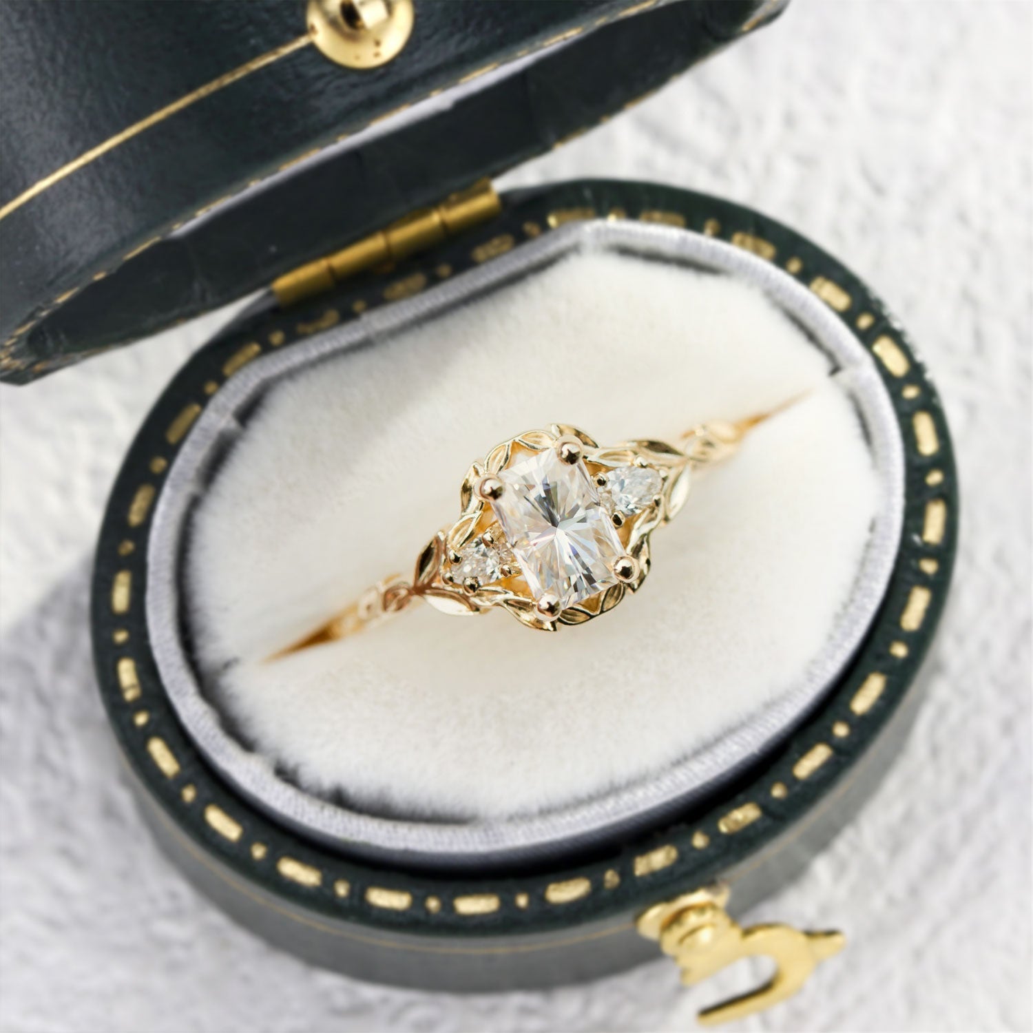 Wisteria Setting Radiant Moissanite Vintage 14k yellow gold Engagement Ring