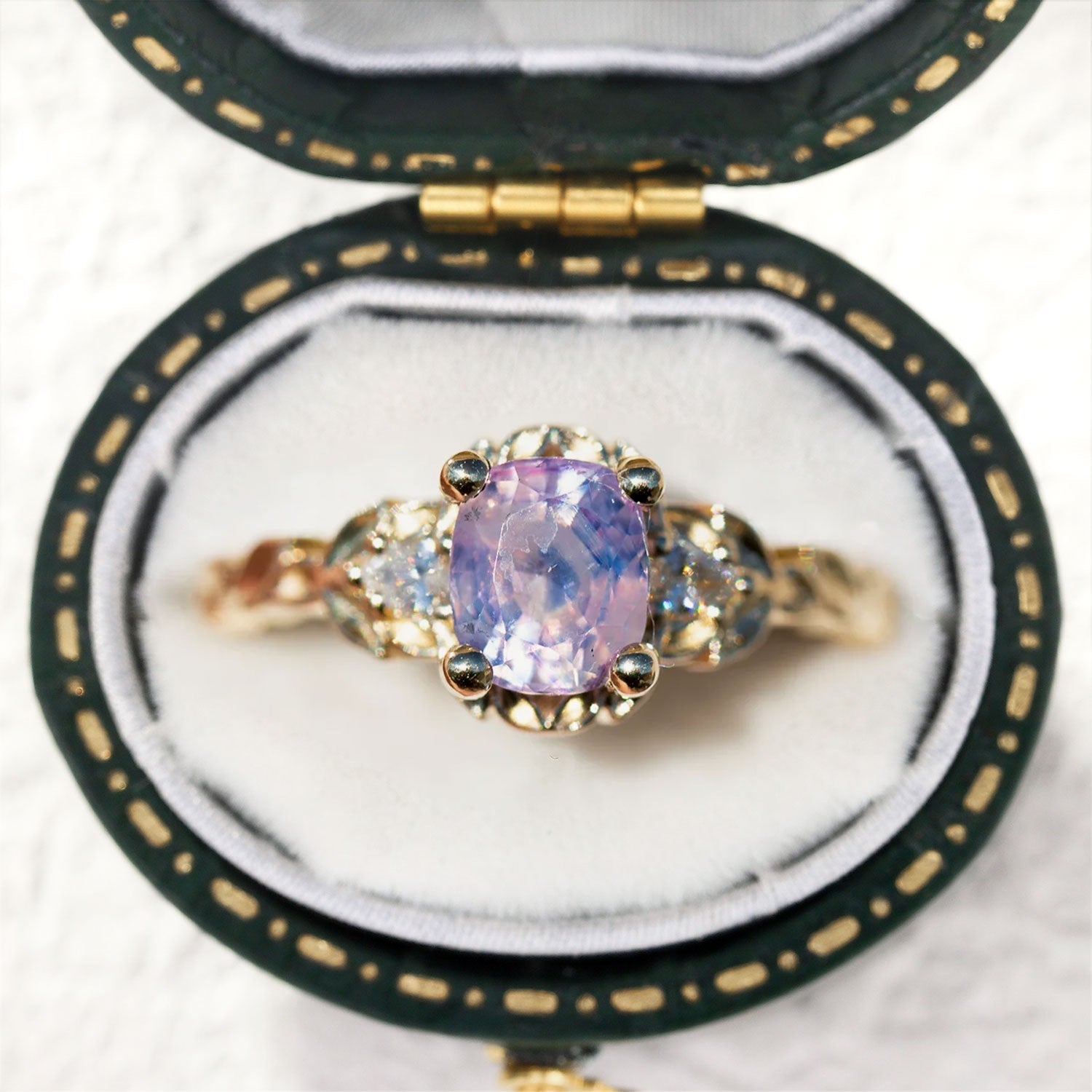 Oval Pink Sapphire Moissanite 14k yellow gold Engagement Ring