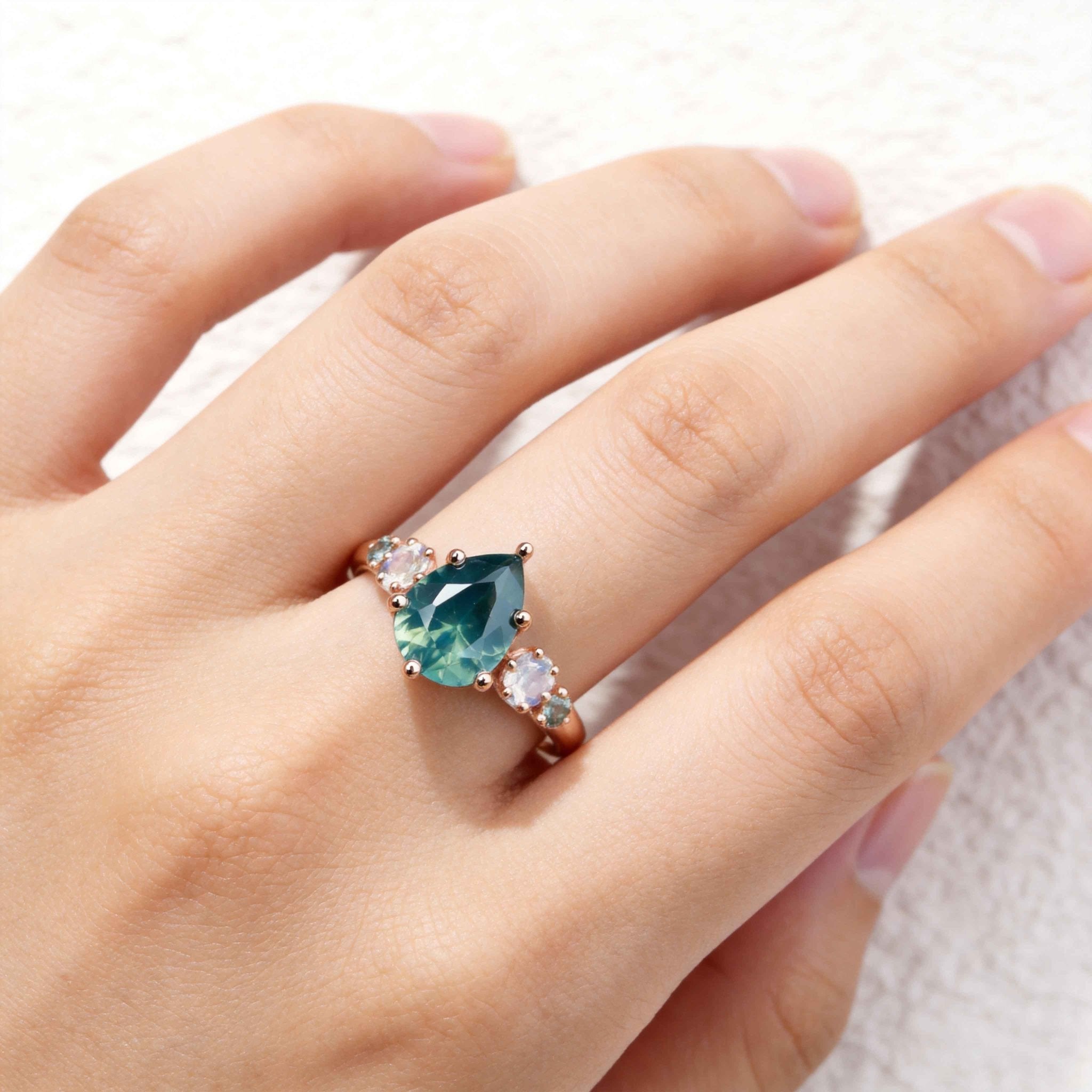 Unique Teal Pear Sapphire and Moissanite 14k yellow gold Engagement Ring