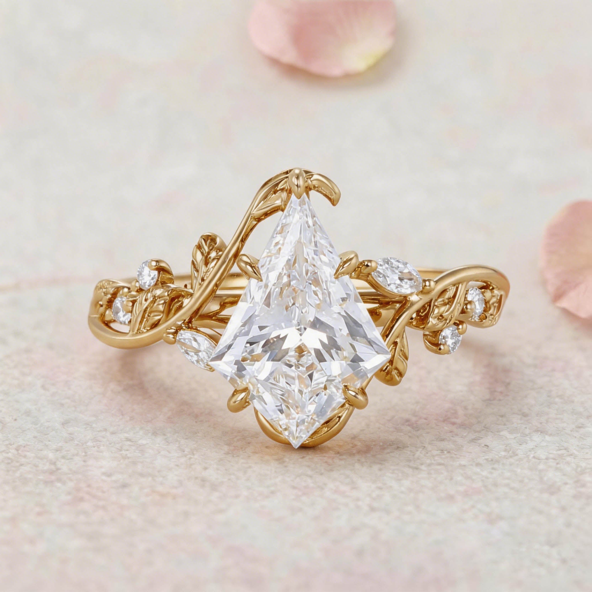 Unique Vintage Botanical Kite Lab Grown Diamond 14K Yellow Gold Engagement Ring