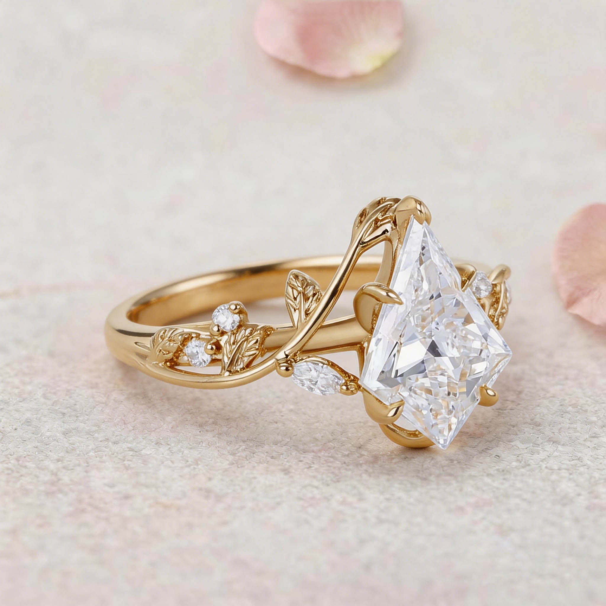 Unique Vintage Botanical Kite Lab Grown Diamond 14K Yellow Gold Engagement Ring