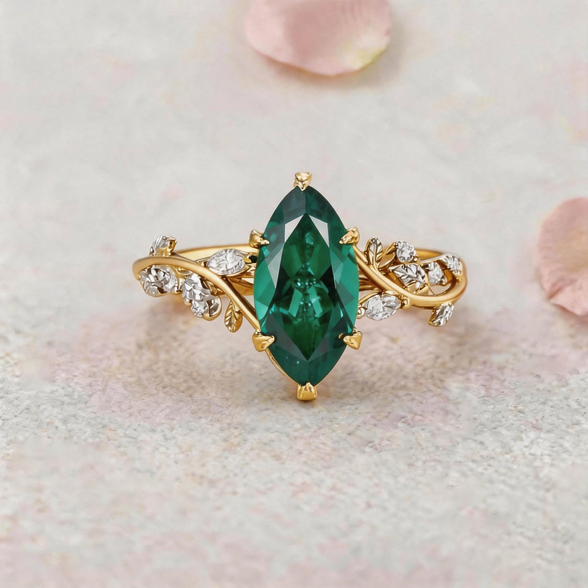 Vintage Vine Marquise Cut Lab Emerald and Diamond Bypass 14K Yellow Gold Engagement Ring