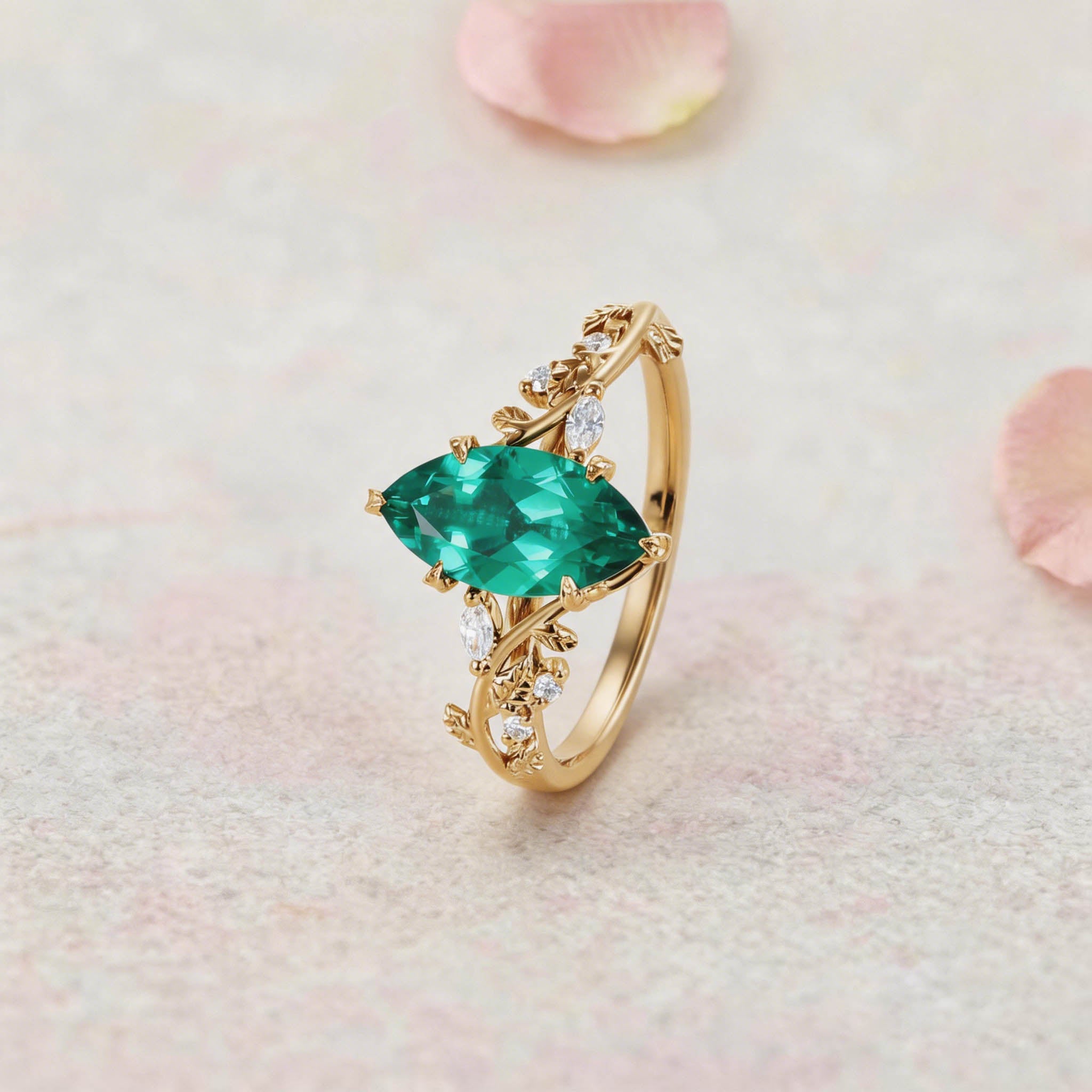 Vintage Vine Marquise Cut Lab Emerald and Diamond Bypass 14K Yellow Gold Engagement Ring