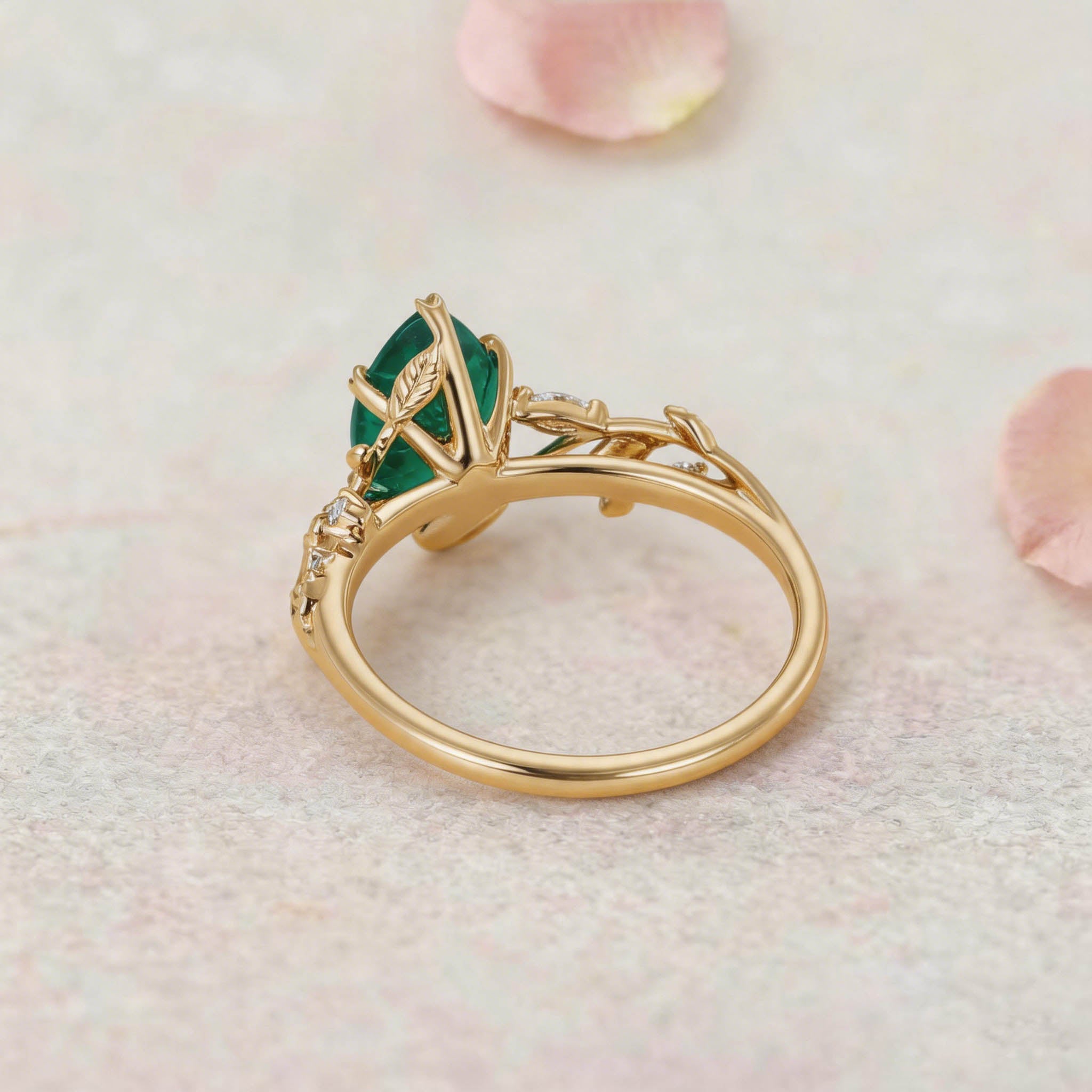 Vintage Vine Marquise Cut Lab Emerald and Diamond Bypass 14K Yellow Gold Engagement Ring