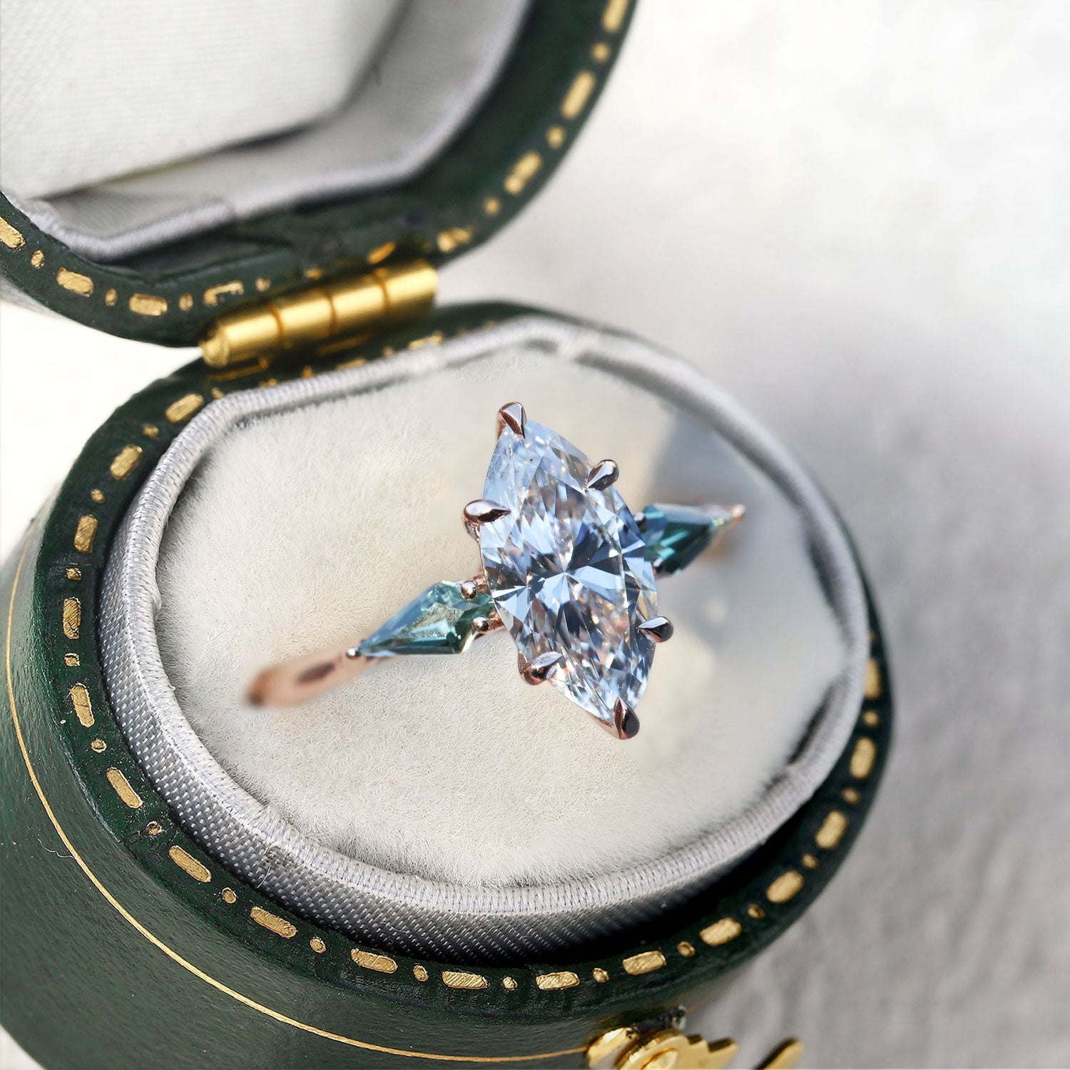 Unique Marquise Moissanite and Kite Green Sapphire 14k rose gold Engagement Ring