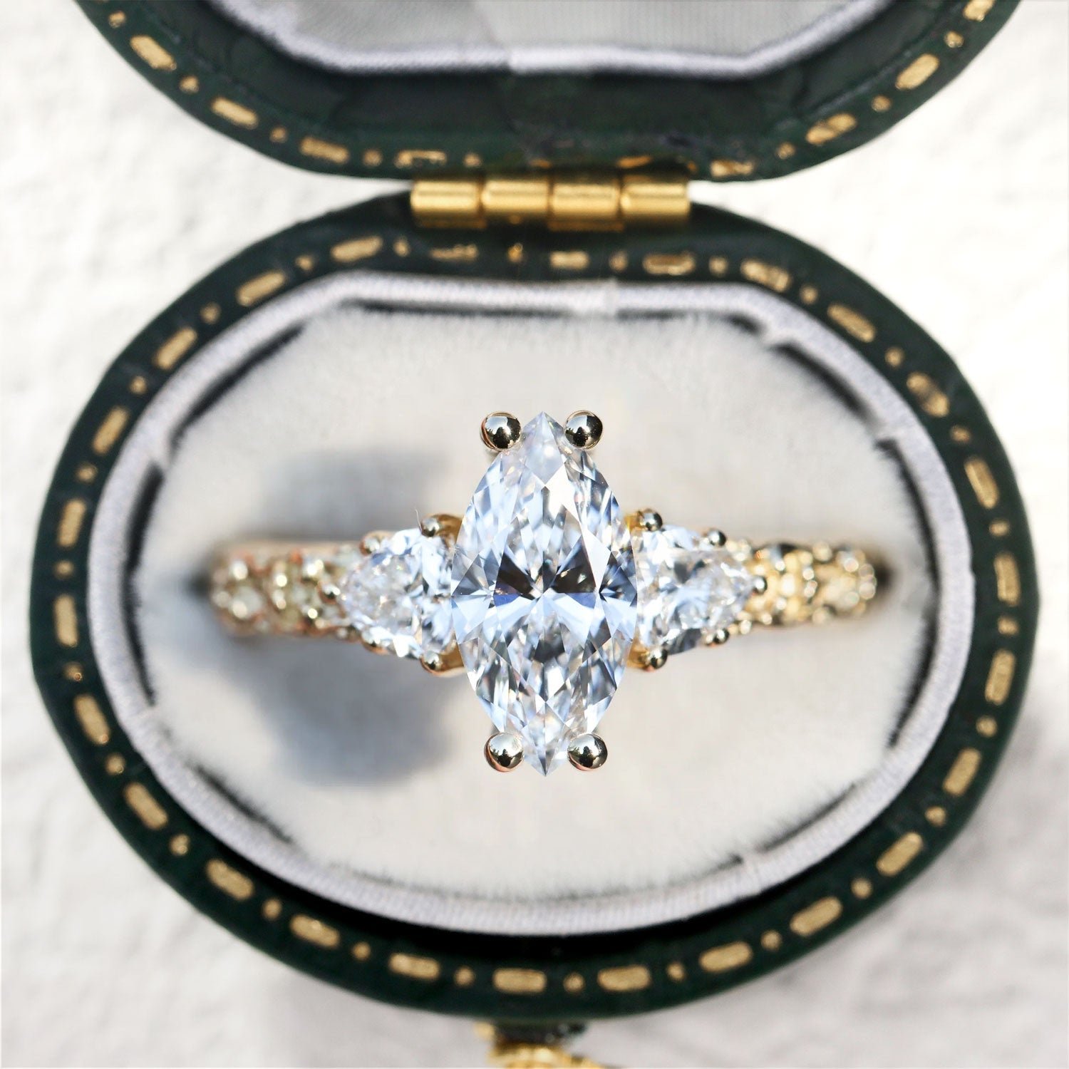 Unique Vintage Marquise Moissanite 14k yellow gold Engagement Ring with Trillion Side Stones