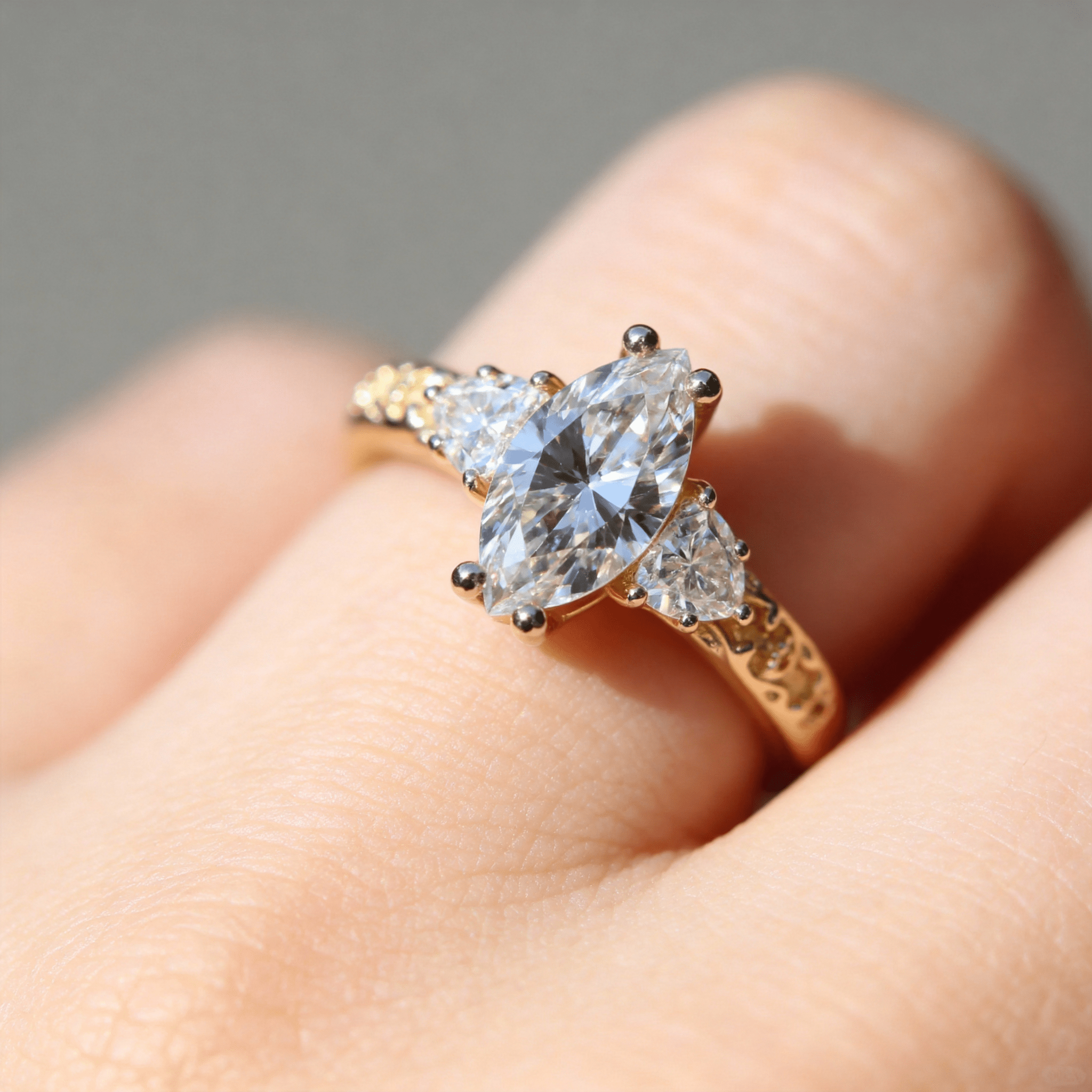 Unique Vintage Marquise Moissanite 14k yellow gold Engagement Ring with Trillion Side Stones
