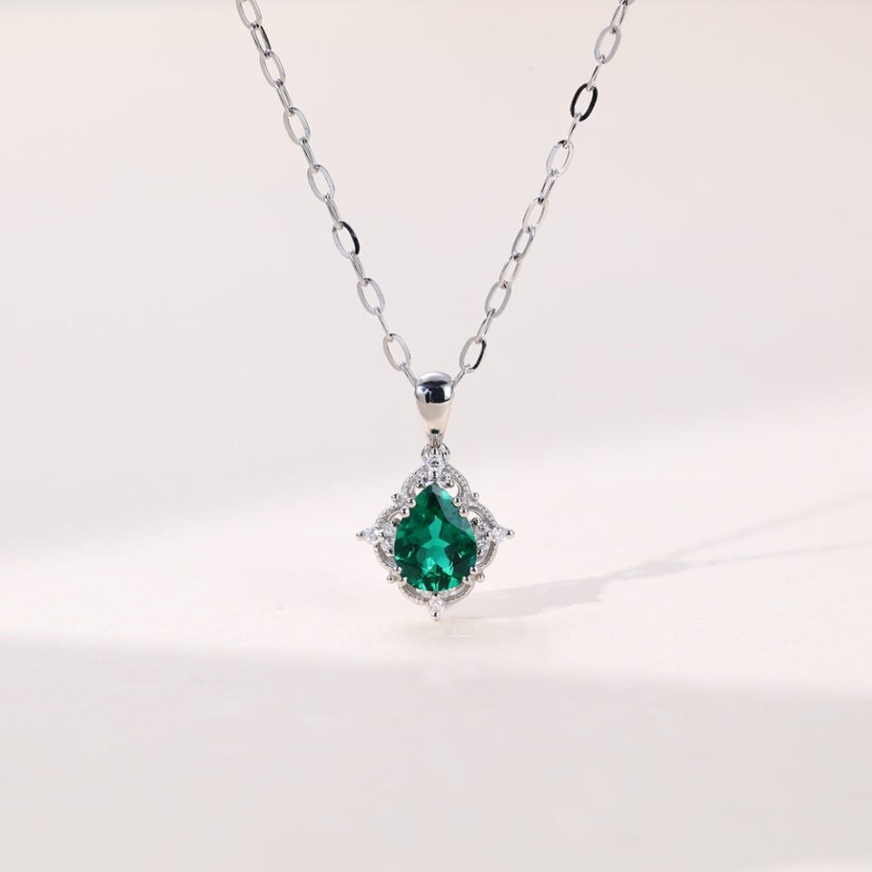 Vintage Pear Cut Lab Emerald Halo Pendant Necklace - Oore Jewelry