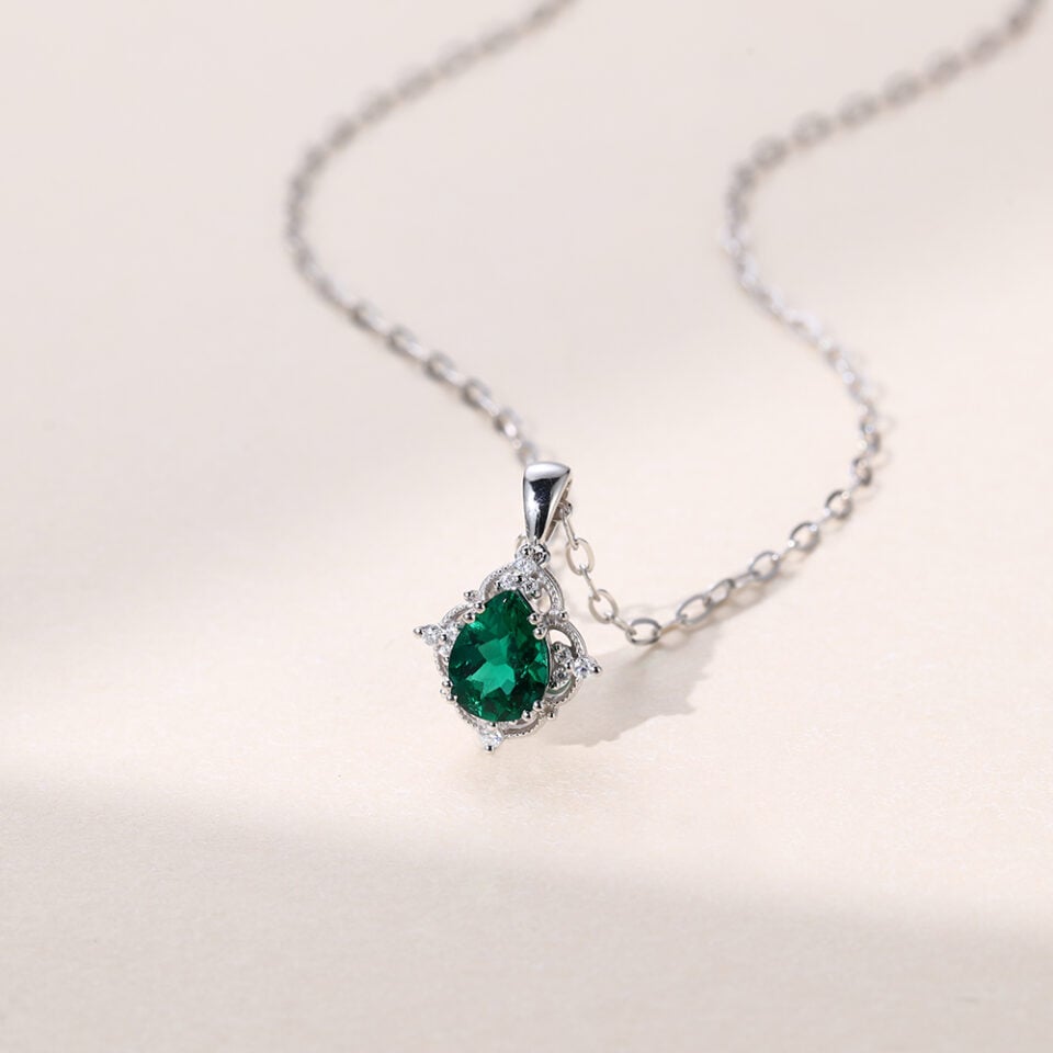 Vintage Pear Cut Lab Emerald Halo Pendant Necklace - Oore Jewelry