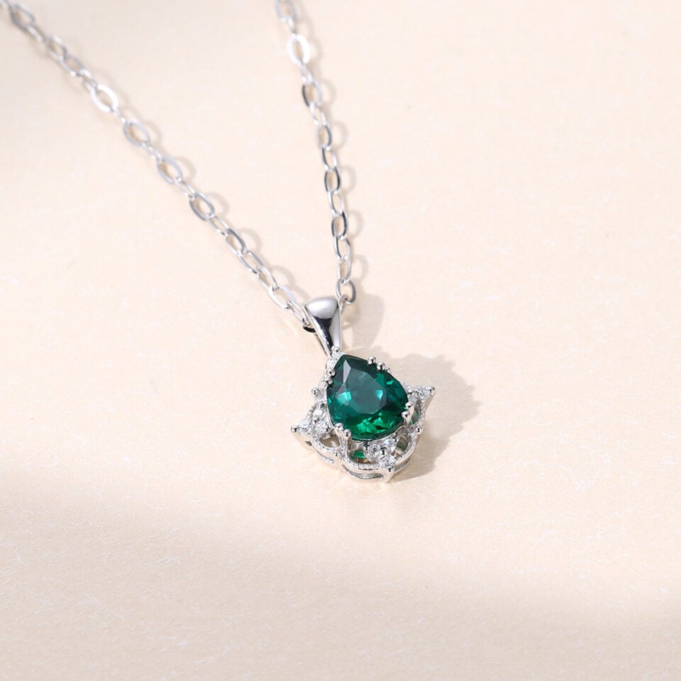 Vintage Pear Cut Lab Emerald Halo Pendant Necklace - Oore Jewelry