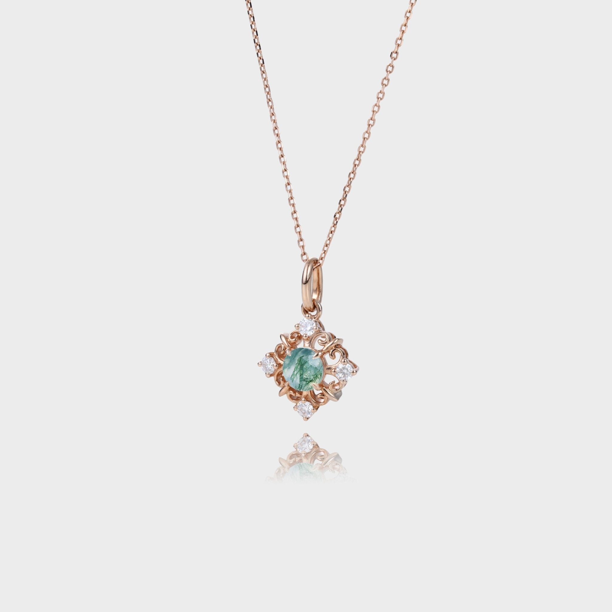 Vintage Round Cut Moss Agate Necklace Filigree Hollow Pendant Necklace - Oore Jewelry