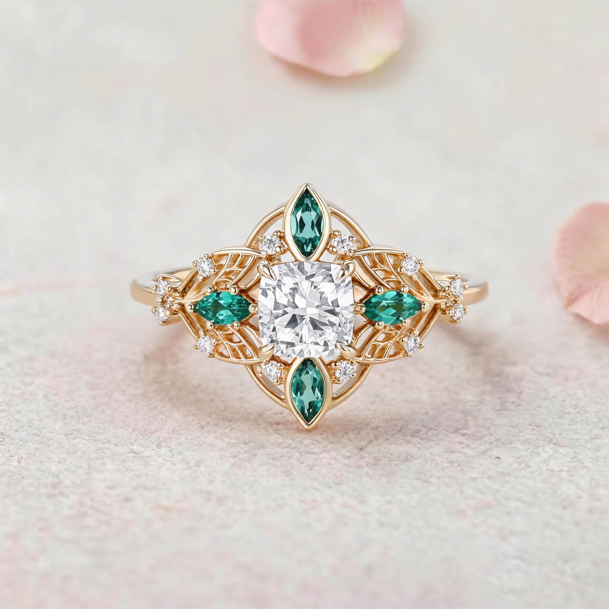 Vintage Ornate Filigree Cushion Cut Lab Grown Diamond and Emerald 14K Yellow Gold Engagement Ring