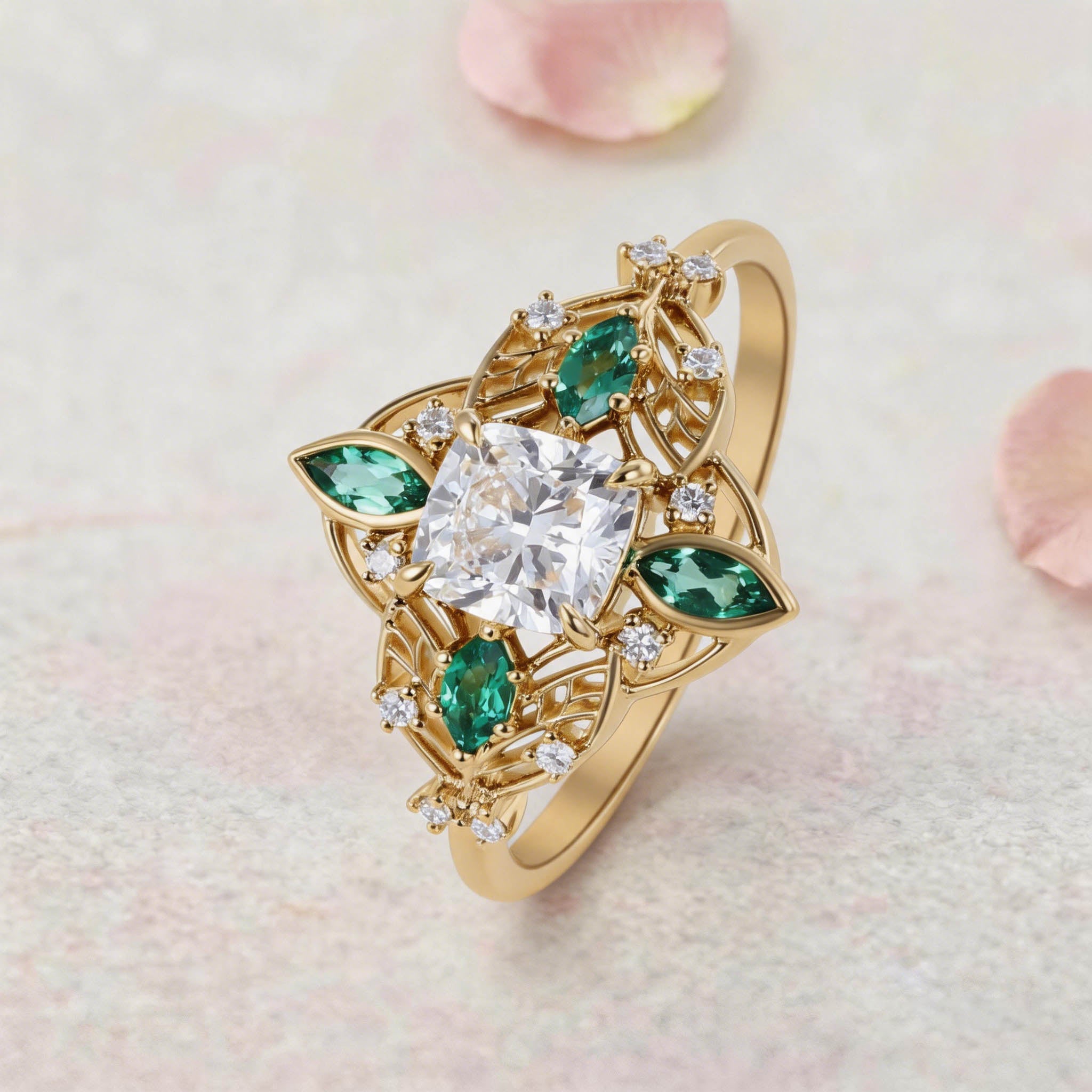 Vintage Ornate Filigree Cushion Round Cut Lab Grown Diamond and Emerald 14K Yellow Gold Engagement Ring