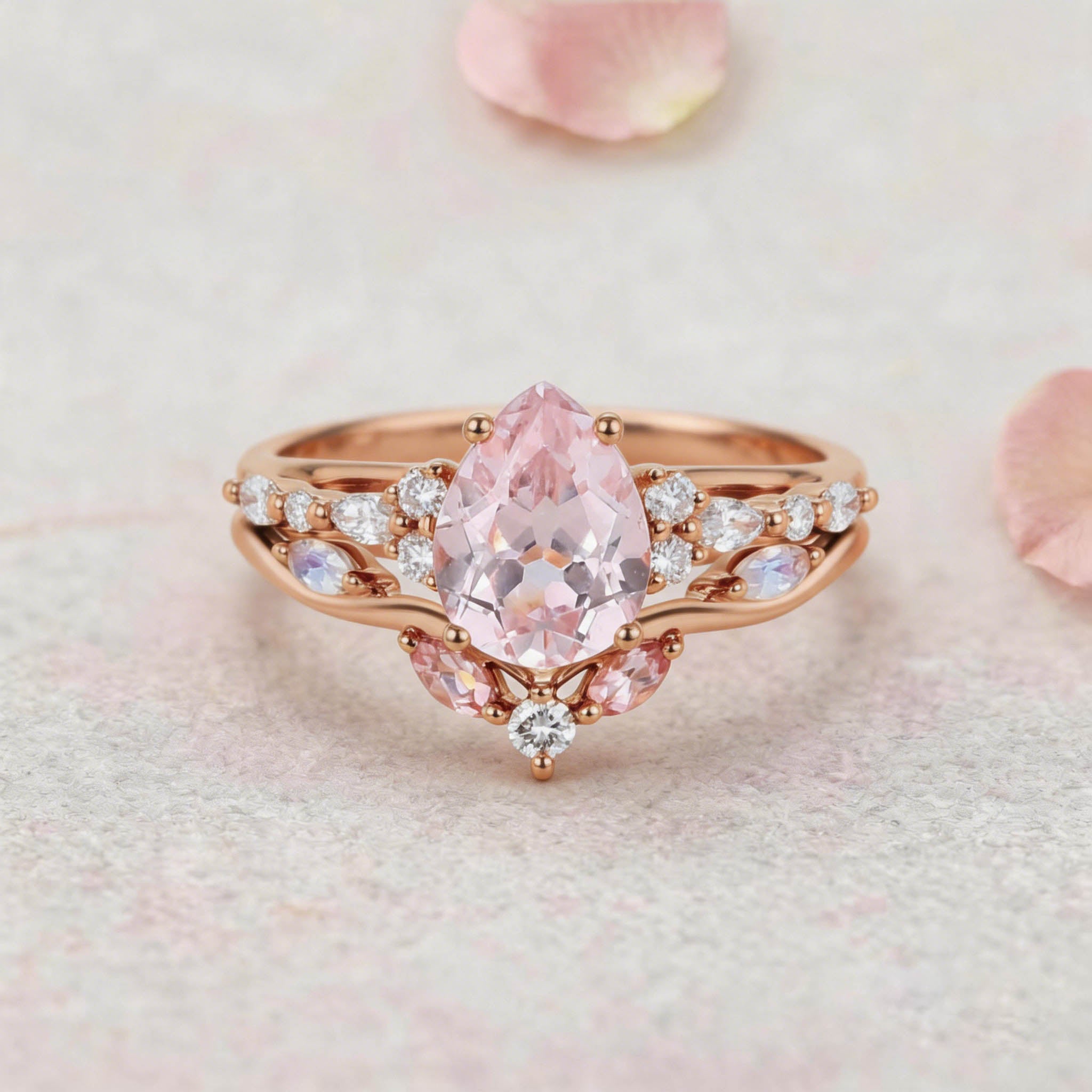 Vintage Elven Pear Cut Pink Sapphire and Diamond 14K Yellow Gold Bridal Ring Set