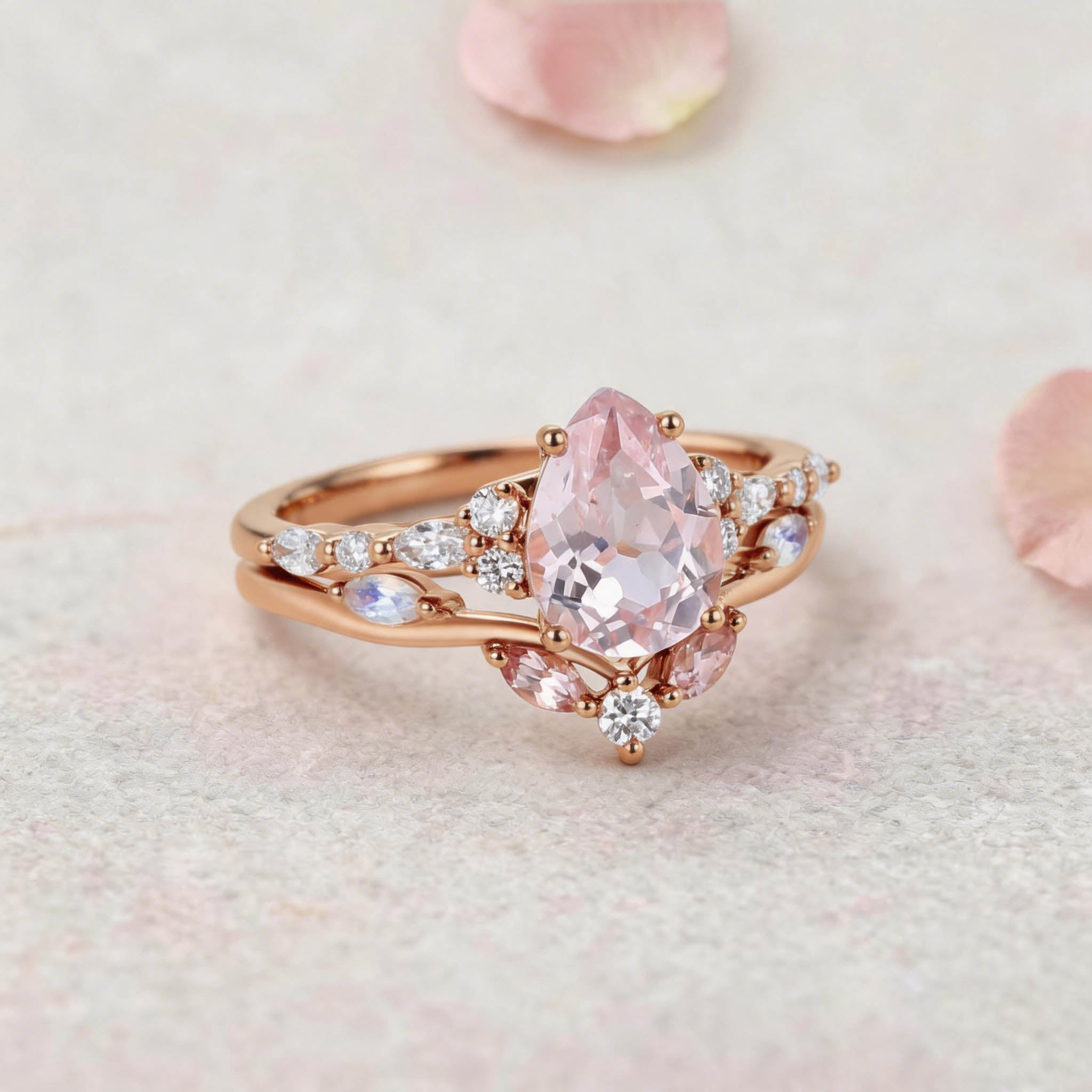 Vintage Elven Pear Cut Pink Sapphire and Diamond 14K Yellow Gold Bridal Ring Set
