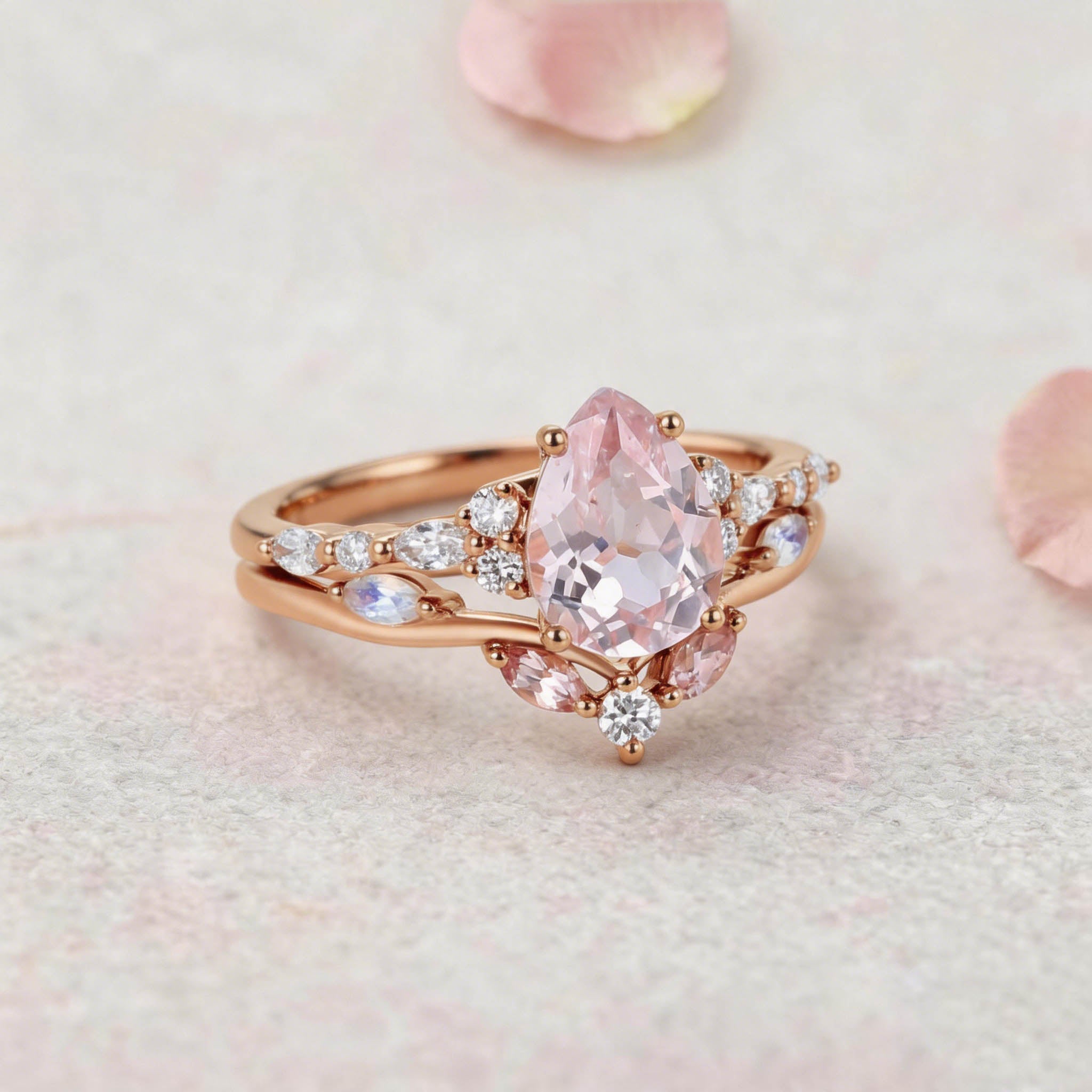 Vintage Elven Pear Cut Pink Sapphire and Diamond 14K Yellow Gold Bridal Ring Set