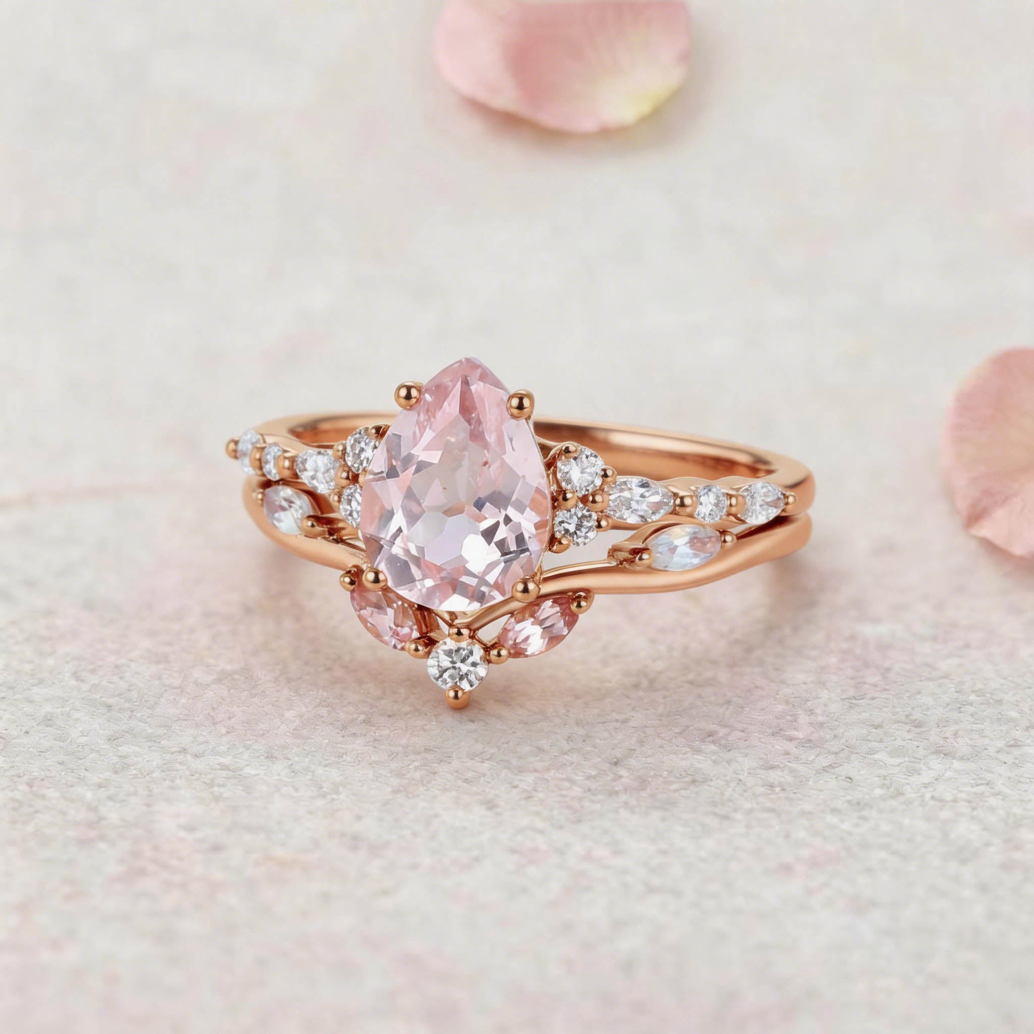 Vintage Elven Pear Cut Pink Sapphire and Diamond 14K Yellow Gold Bridal Ring Set