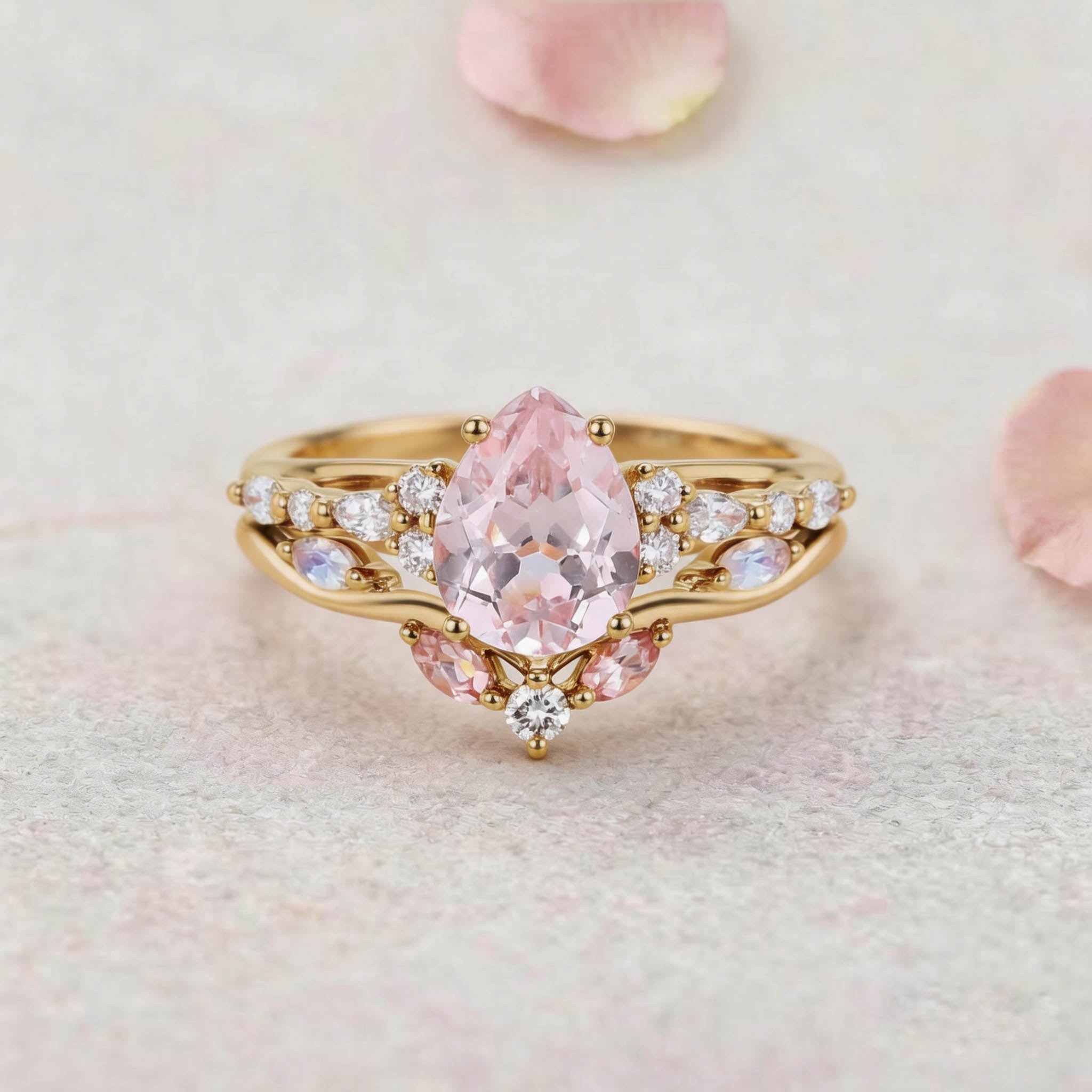 Vintage Elven Pear Cut Pink Sapphire and Diamond 14K Yellow Gold Bridal Ring Set