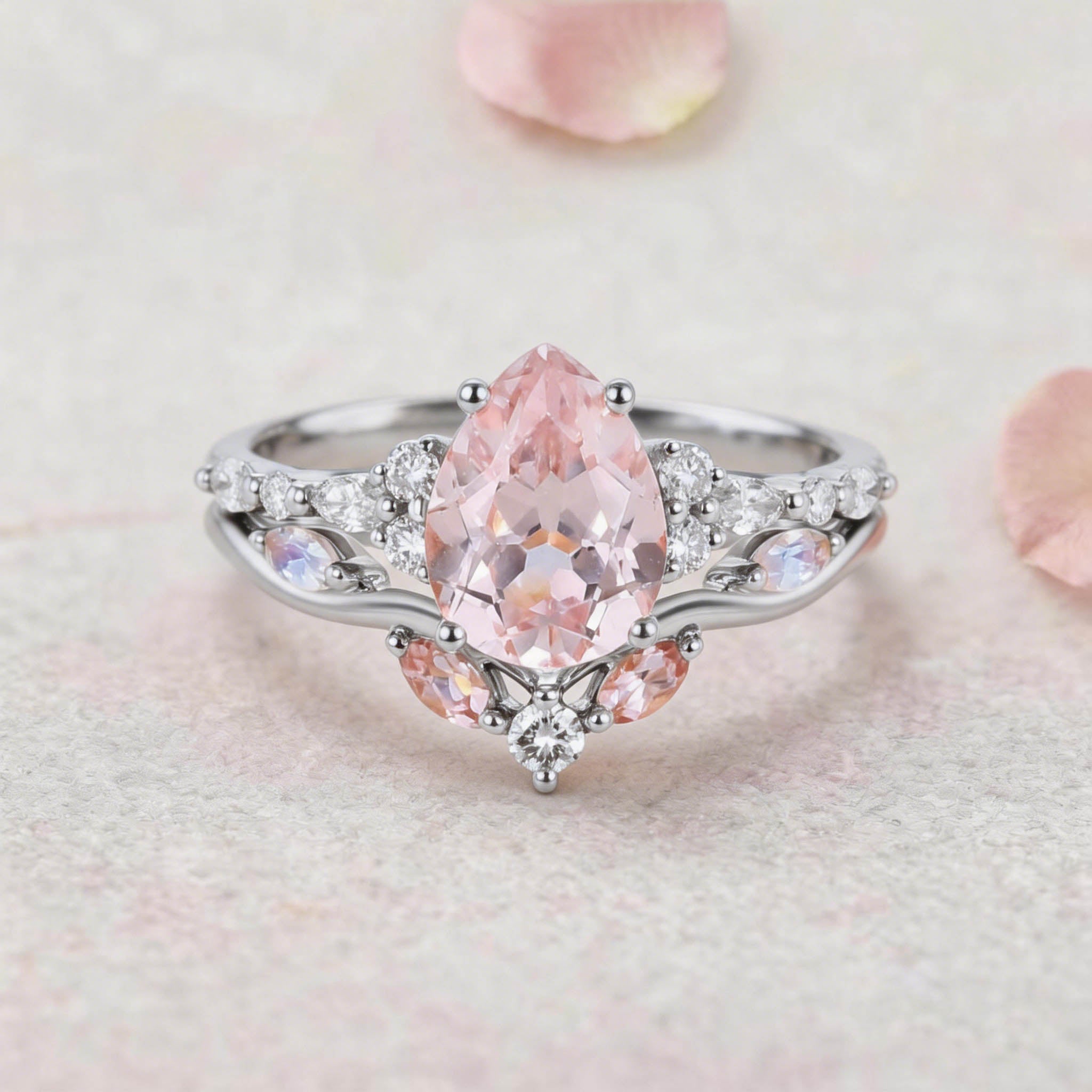 Vintage Elven Pear Cut Pink Sapphire and Diamond 14K Yellow Gold Bridal Ring Set