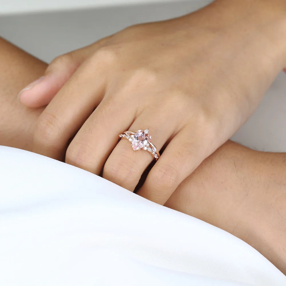 Vintage Elven Pear Cut Pink Sapphire and Diamond 14K Yellow Gold Bridal Ring Set