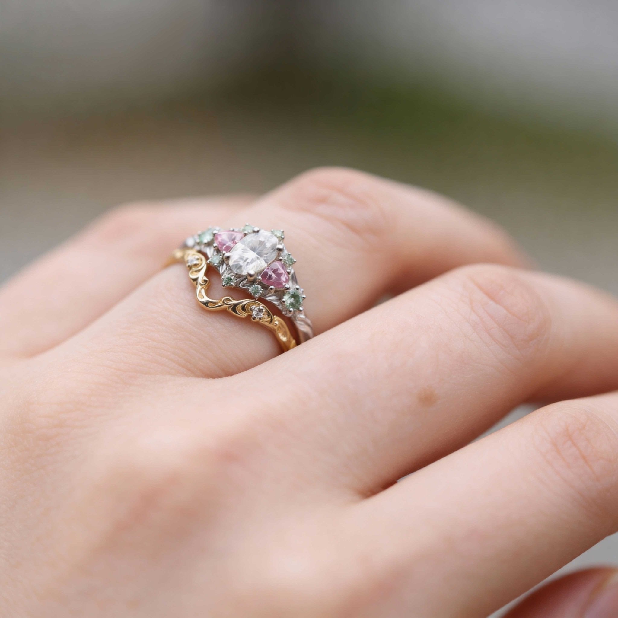 Unique Vintage Round Moissanite 14k yellow gold Odessa Band