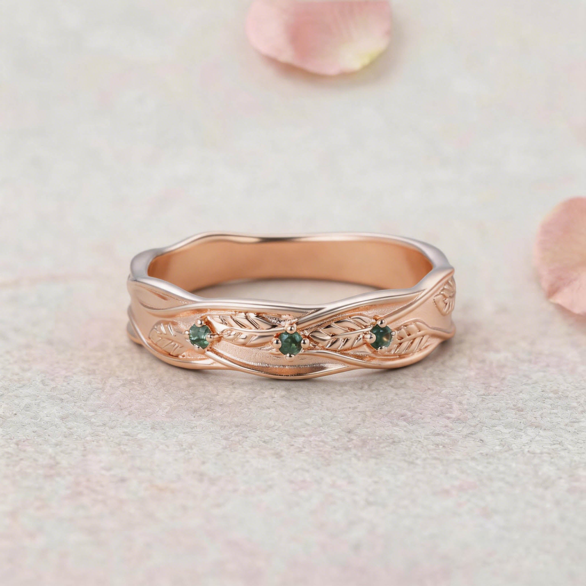 Vintage Leaf Vine Wavy Wide Sapphire 14K Yellow Gold Wedding Band