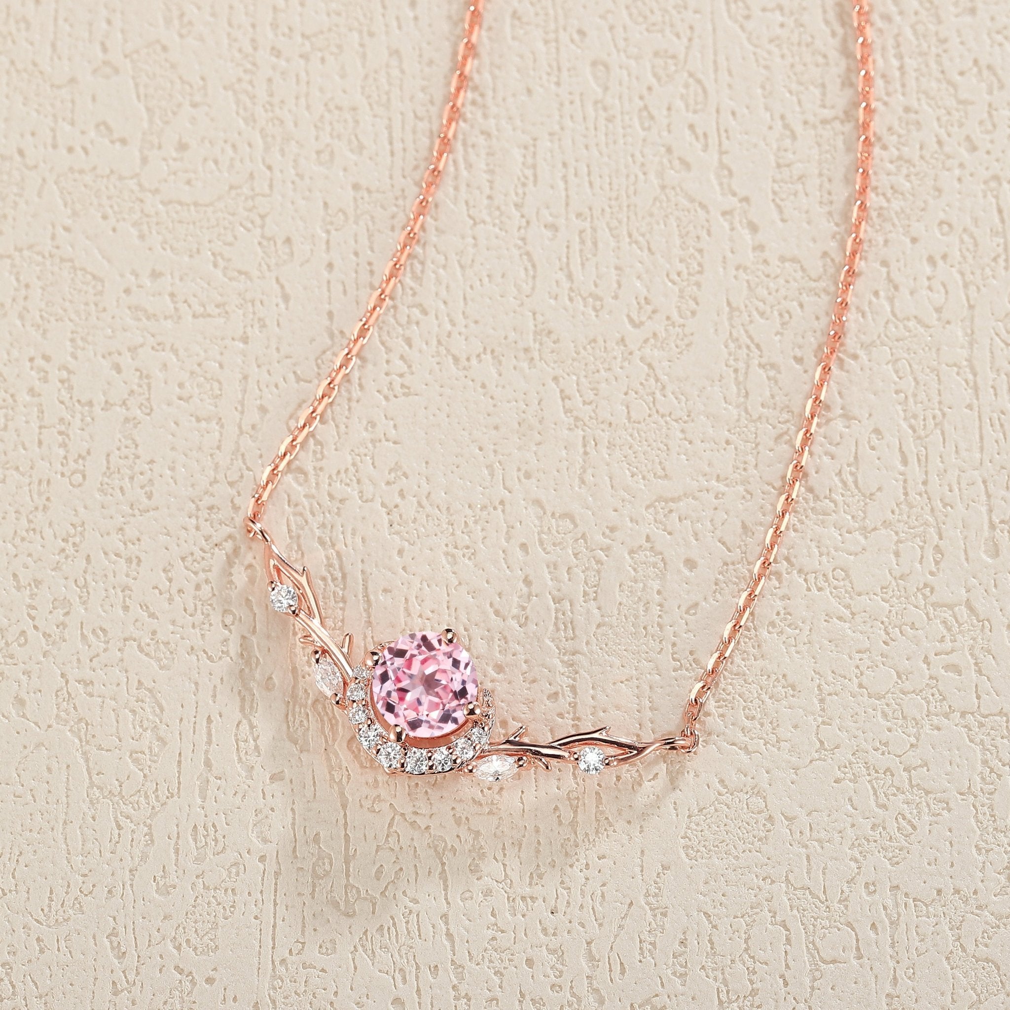 Unique Round Cut Lab Pink Sapphire Vine Necklace - Oore Jewelry
