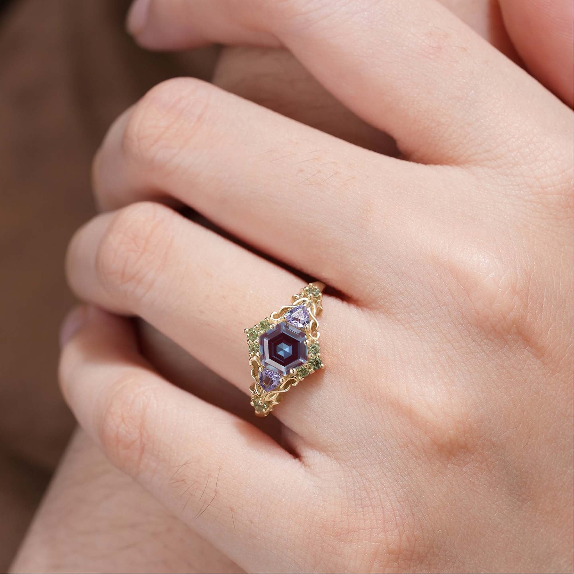 Unique floral engagement rings Three Stone Hexagon Lab Alexandrite and Blue sapphire 18K Yellow Gold Leaf Ring