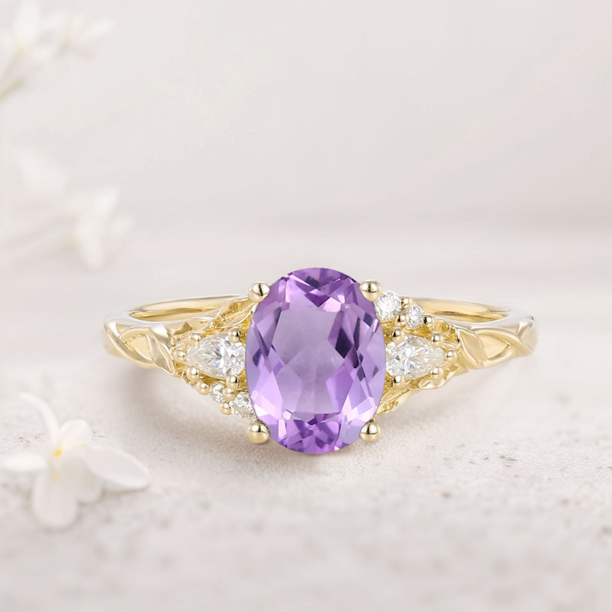 Unique Oval Amethyst and Moissanite 18K Yellow Gold Wedding Ring
