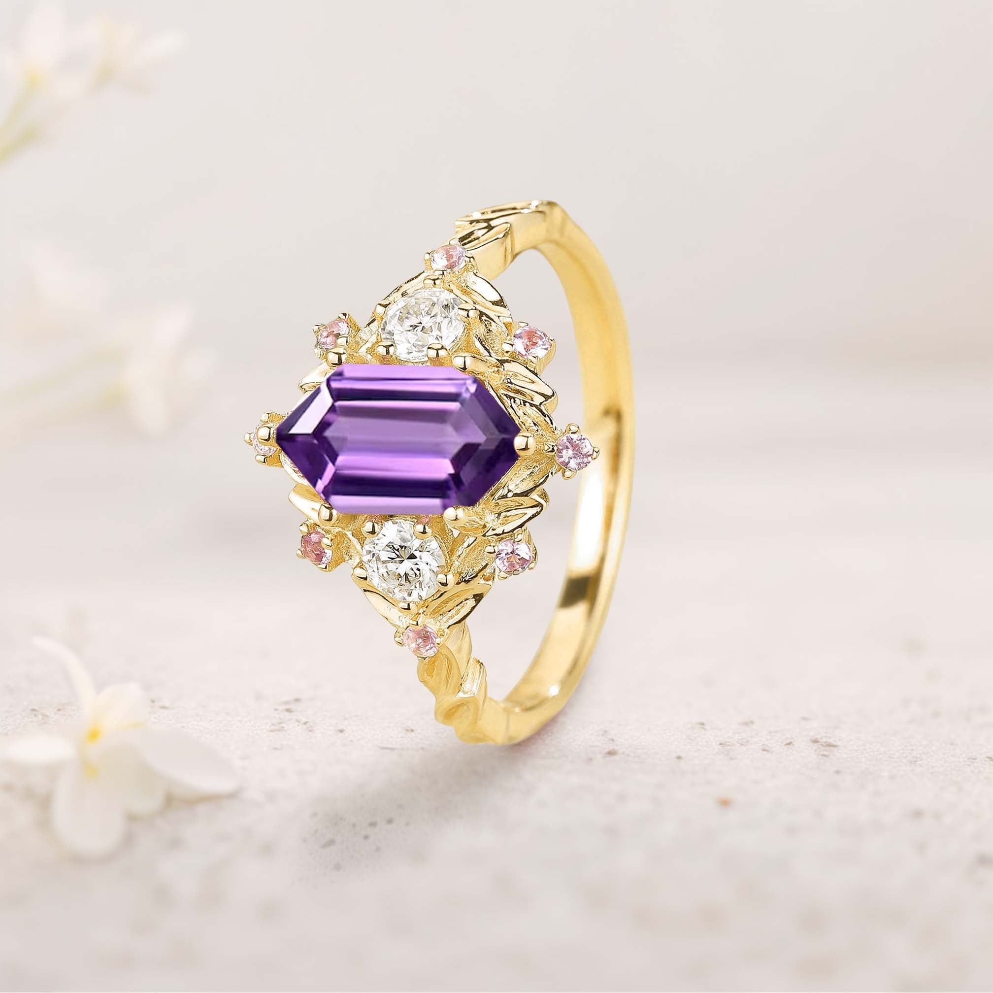 Unique floral engagement rings Long Hexagon Amethyst Cluster 18K Yellow Gold Wedding Ring Promise Ring For Women
