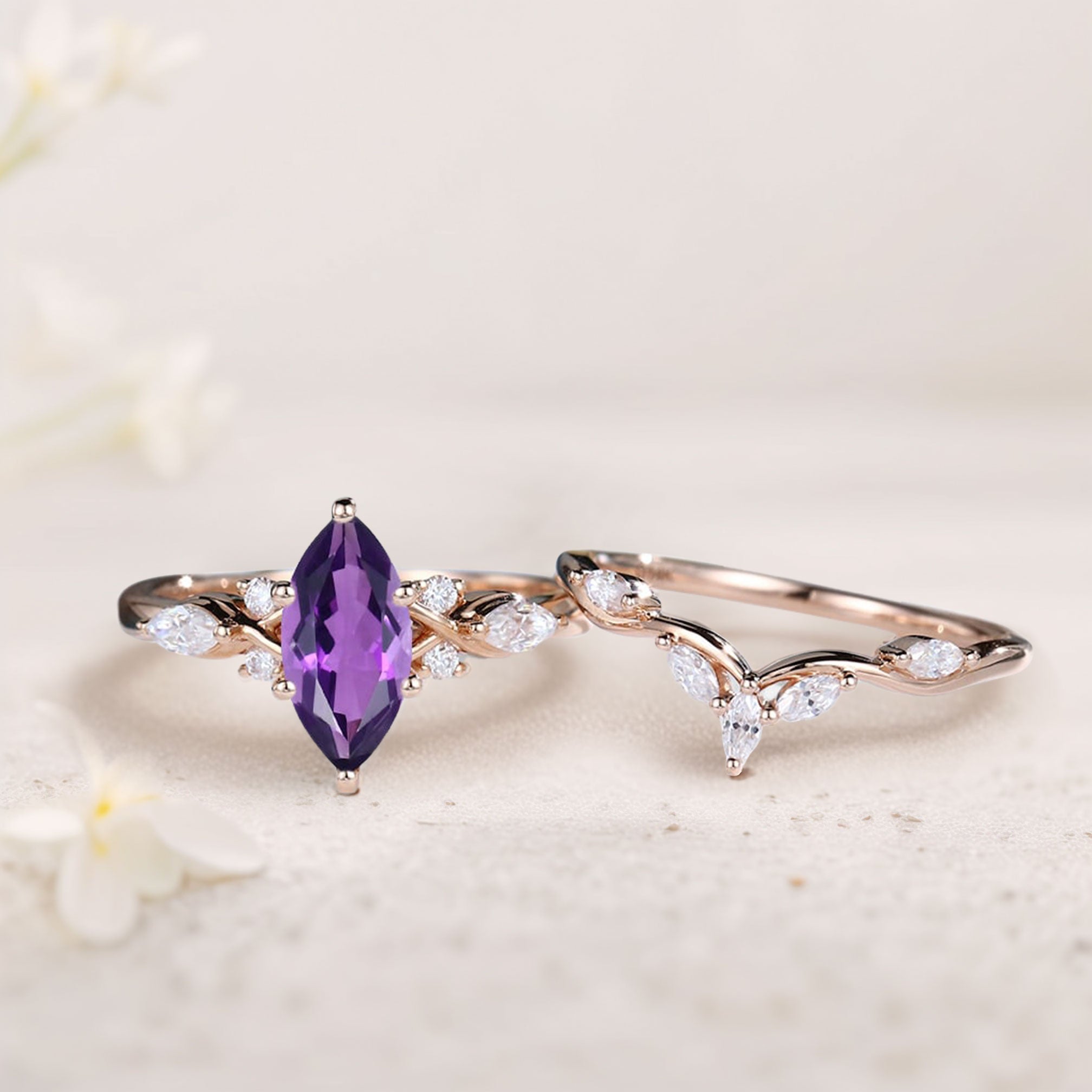 Unique Marquise Amethyst and Moissanite 18K Rose Gold Wedding Ring Set Bridal Ring Set